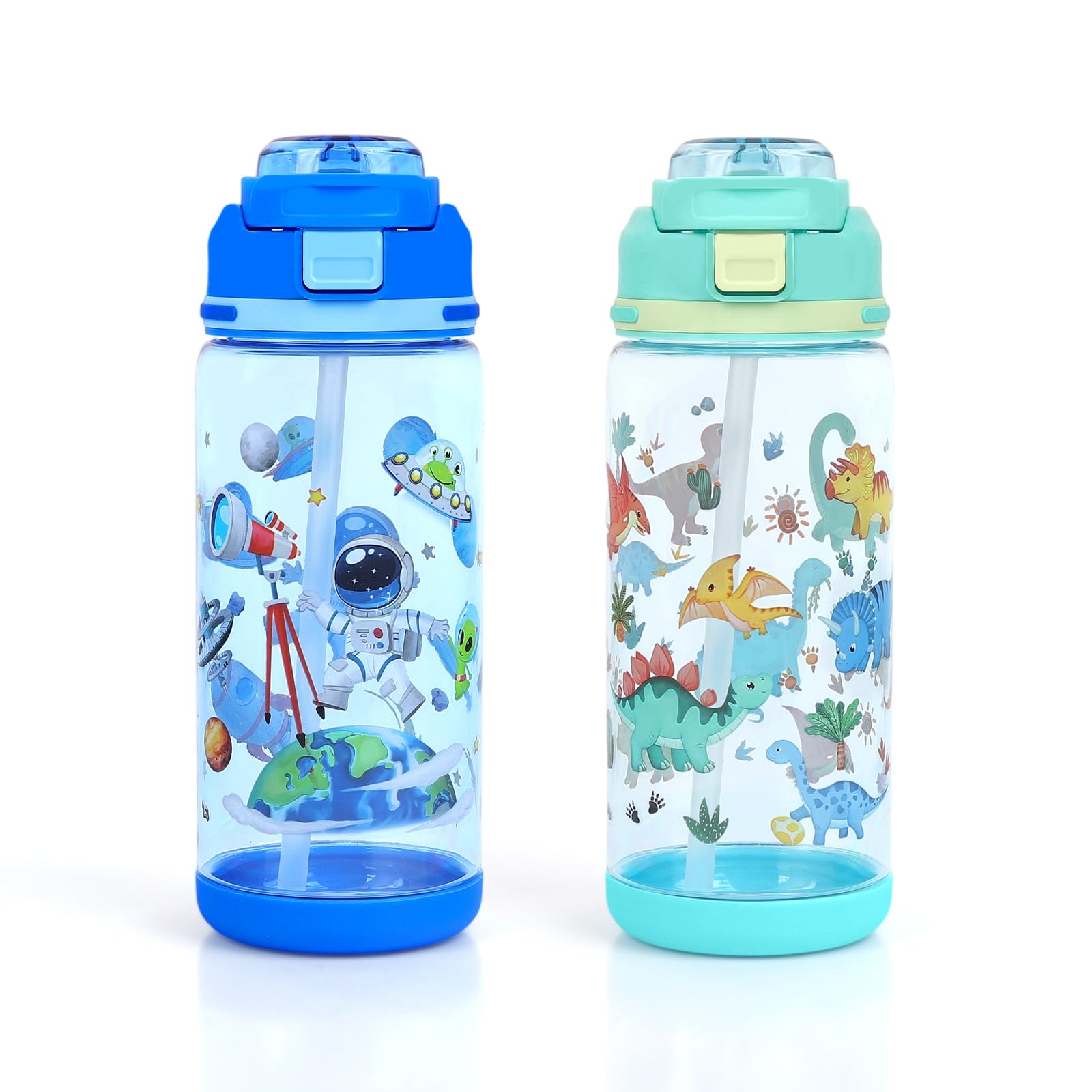 2 Stück Trinkflasche Kinder, 600ml Kindertrinkflasche Mit Trinkhalm, Sportwasserflasche zum Kindergarten Schule, Auslaufsicher Kinder-Wasserflaschen für Mädchen und Jungen(Dinosaurier&Astronaut)