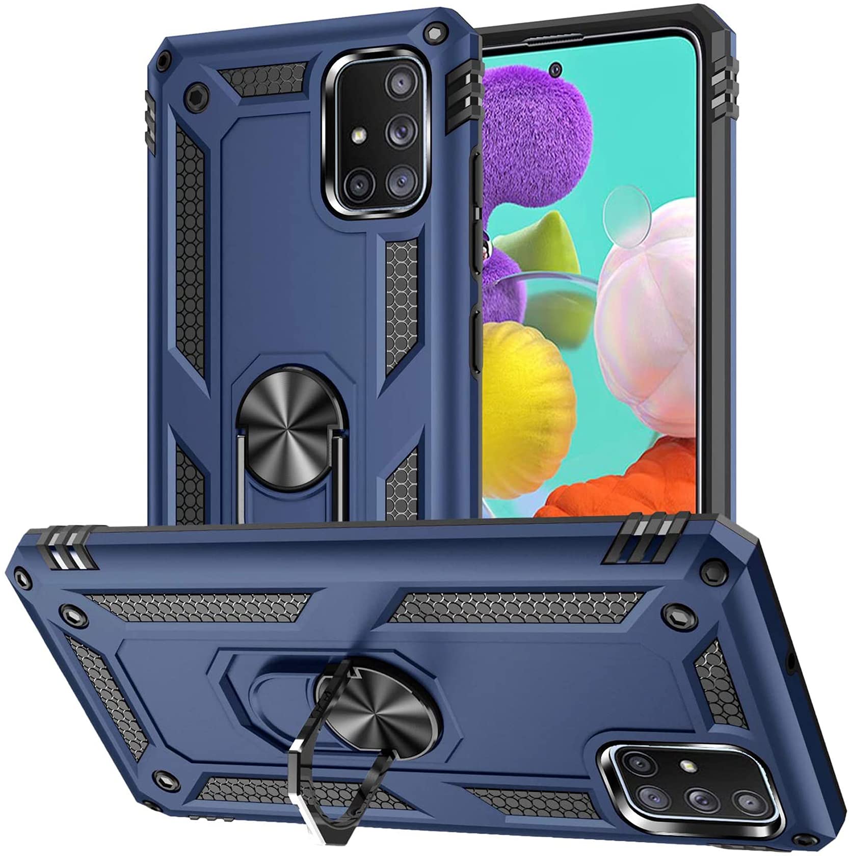 Case for Samsung Galaxy A51/M40S with Tempered Glass Screen Protector,Ring Holder Protective Silicone Shockproof Tough Armor Hard Phone Cover,Blue