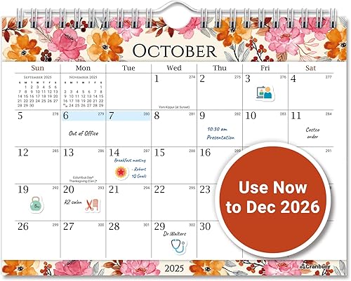 CRANBURY Calendario pequeño de pared 2024-2025, (8 x 6 pulgadas, floral) julio 2024 a diciembre 2025, calendario de pared con espiral, calendario de