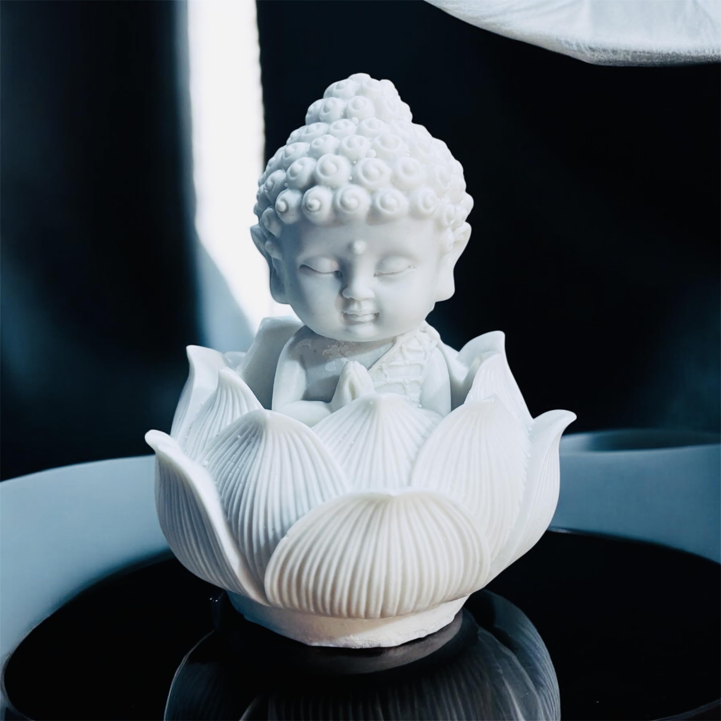 Auspicious Aura Cute Lotus Buddha Resin Idol Showpiece, Meditating Buddha Statue Spiritual Decor for Home, Temple and Office Best for Gifting Small Cute Monk Size Small 4 inches-image-4