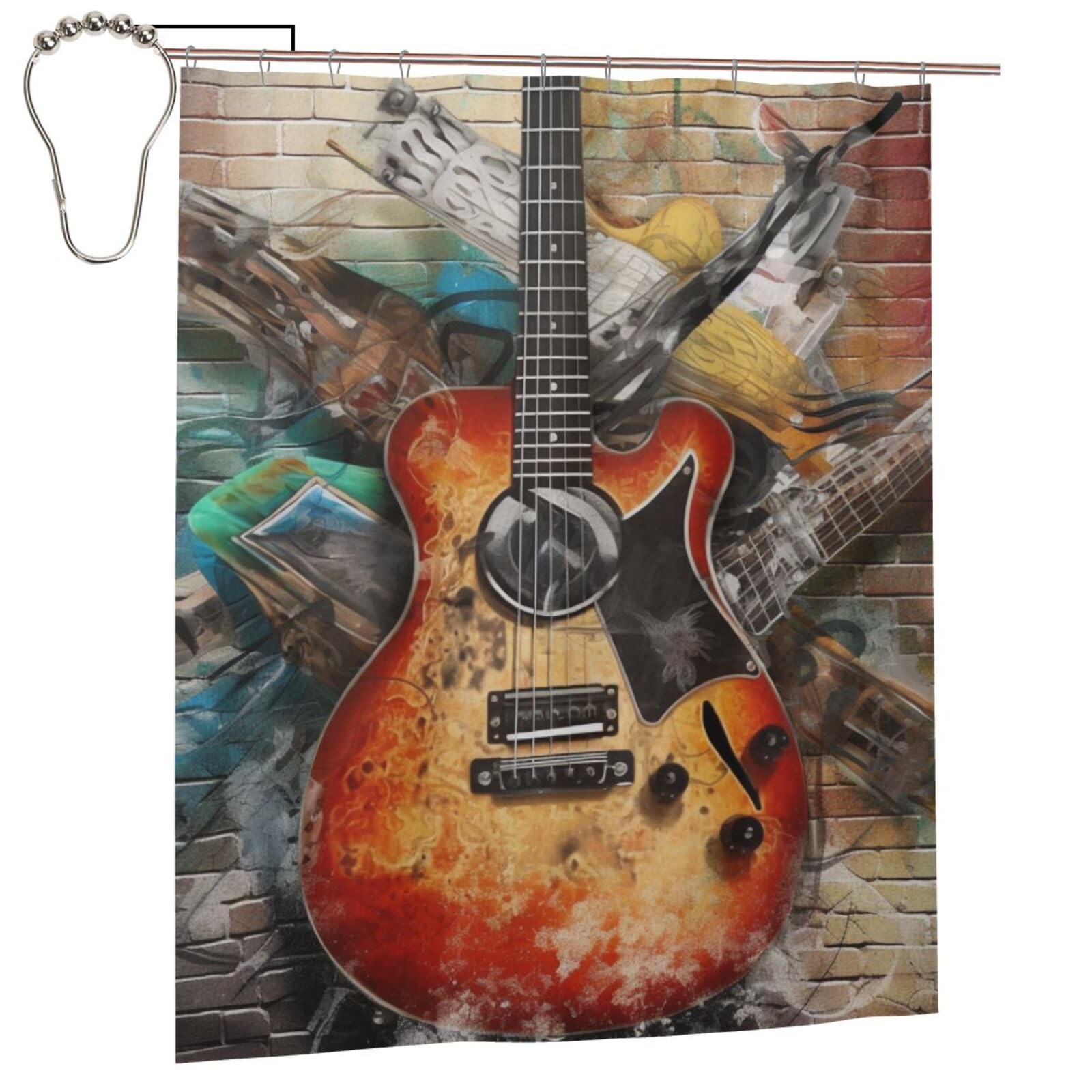 BWWHCCTI Guitar Painting Printed Shower Curtain With 12 Iron Hooks Opaque Quick Drying Waterproof Shower Curtains Sets For Bathroom 152x183 Cm