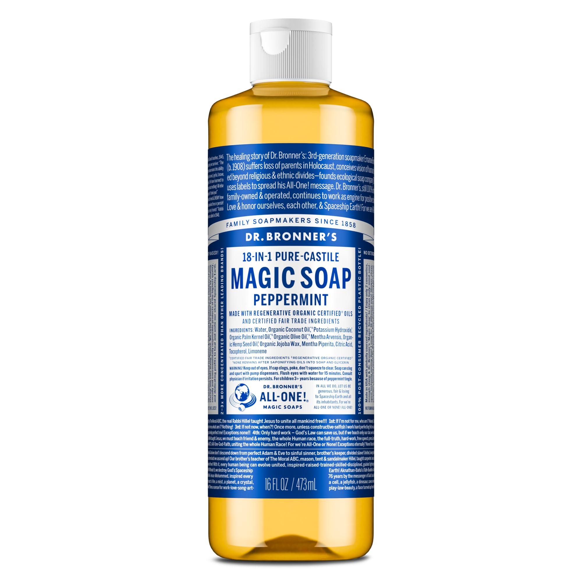 Dr Bronner's 18-in-1 Peppermint Pure-Castile Liquid Soap, Made with Organic Oils, Used for Face, Body, Hair, Laundry, Pets and Dishes, Certified Fair Trade & Vegan Friendly, 473ml Recycled Bottle