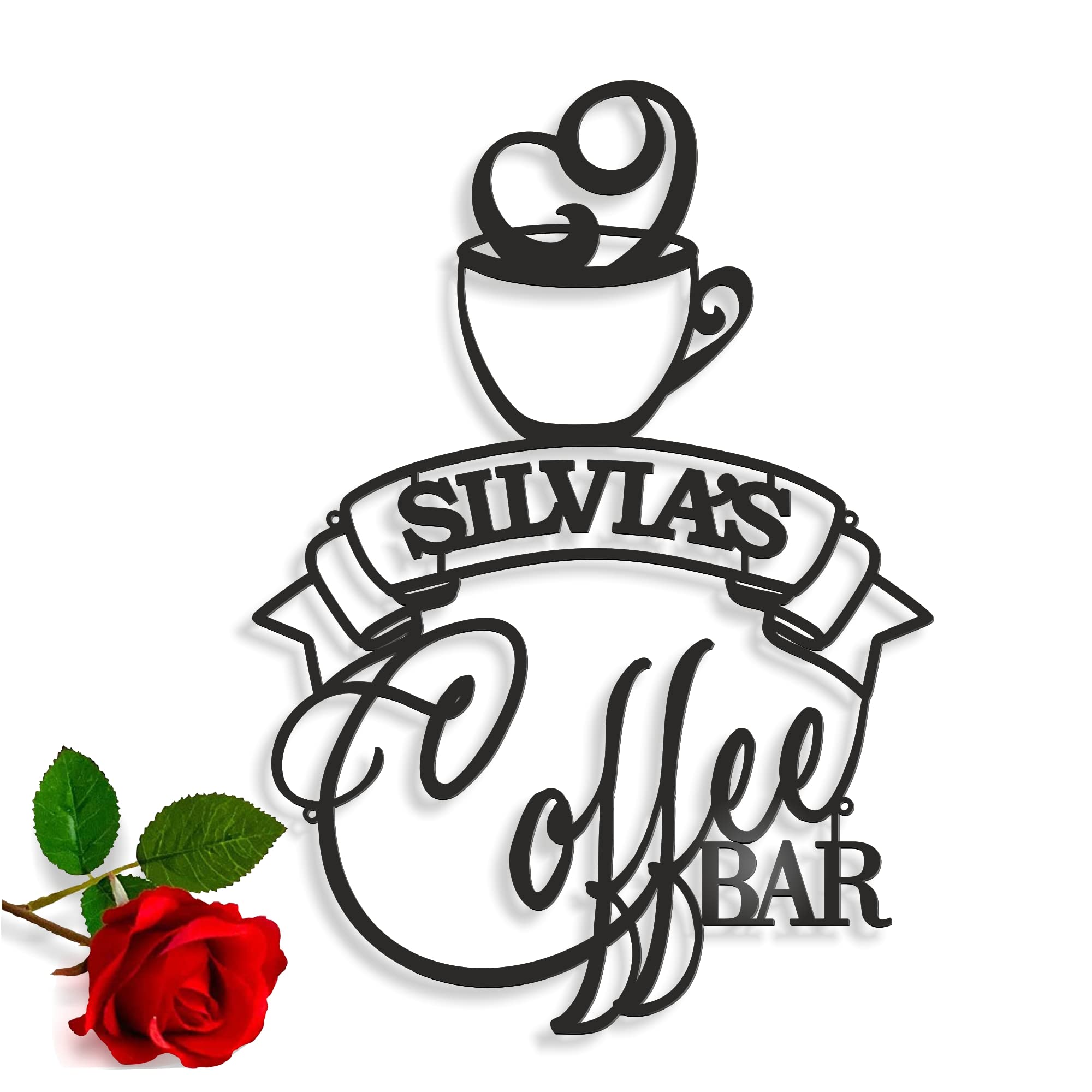 Personalised Coffee Bar Metal Name Sign Custom Laser Cut Cup Coffee Housewarming Gift for Mom, Grandma, Coffee Lover Metal Wall Art Home Decor Kitchen Sign Wall Decorations Coffee Station Wall Hanging