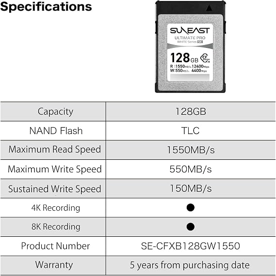 SUNEAST 128GB CFexpress Type B Memory Card for 8K Video | Up to 1550MB/s Read, 550MB/s Write, TLC, 8K Video Support, XQD Compatible, High-Speed CFexpress B for Professional Cameras