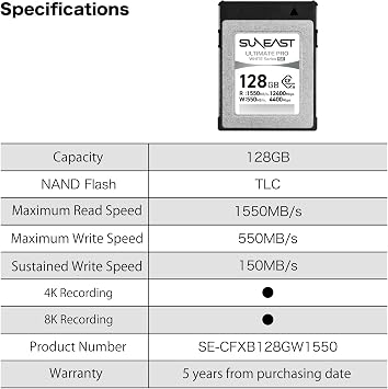 SUNEAST 128GB CFexpress Type B Memory Card for 8K Video | Up to 1550MB/s Read, 550MB/s Write, TLC, 8K Video Support, XQD Compatible, High-Speed CFexpress B for Professional Cameras