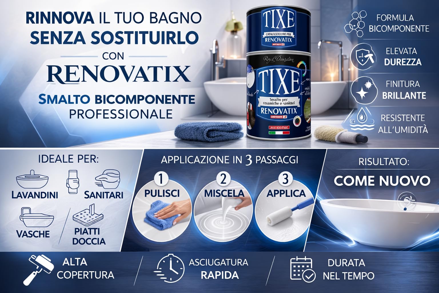 TIXE RENOVATIX Smalto per Sanitari e Ceramica | Vernice Bianca per Sanitari e Ceramiche, Resistente e Facile da Pulire per Superfici Igieniche | Bianco | 750 ml | Made in Italy