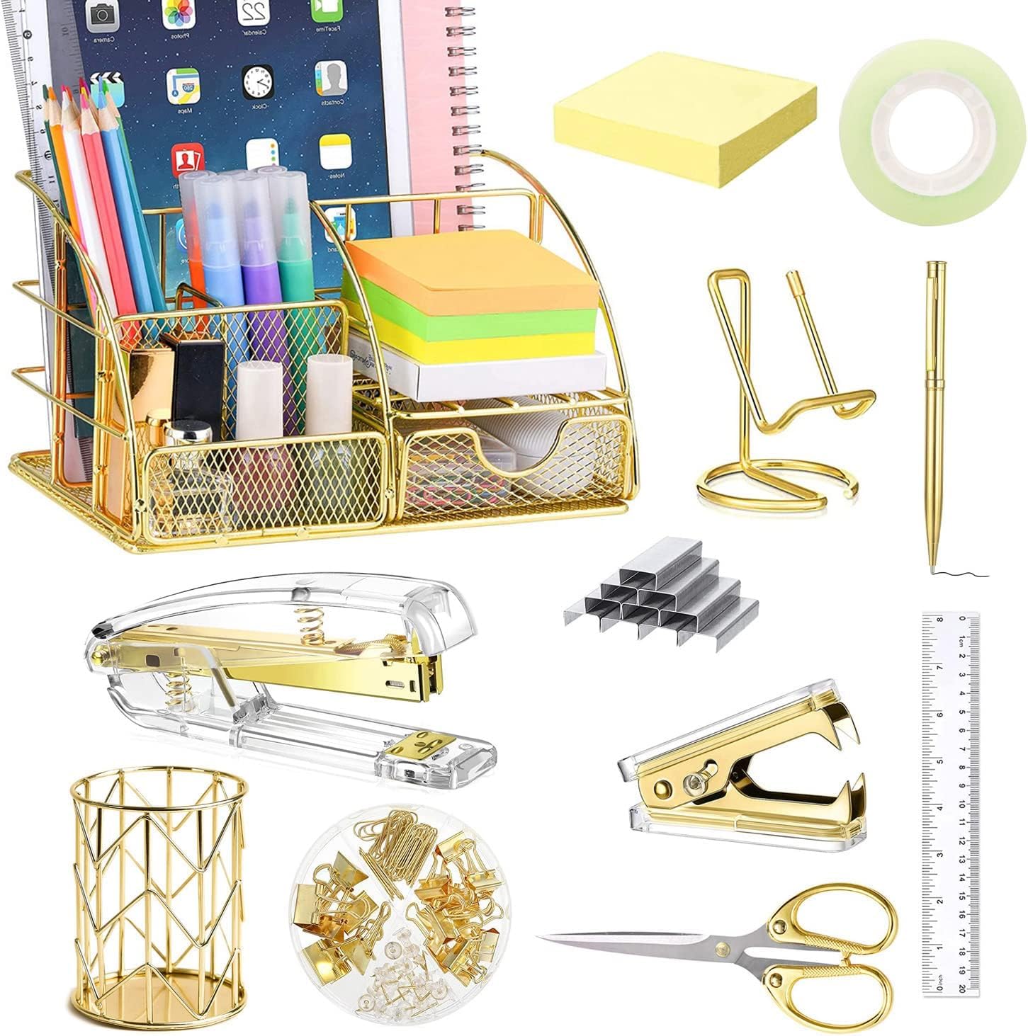 sooyinpaint Gold Office Desk Organizers,Office Supplies and Accessories, Acrylic Stapler, Staple Remover, Clips, Scissor, Phone Holder, Pen,Ruler,Sticky note,Pen Holder,Transparent Glue (gold 12)