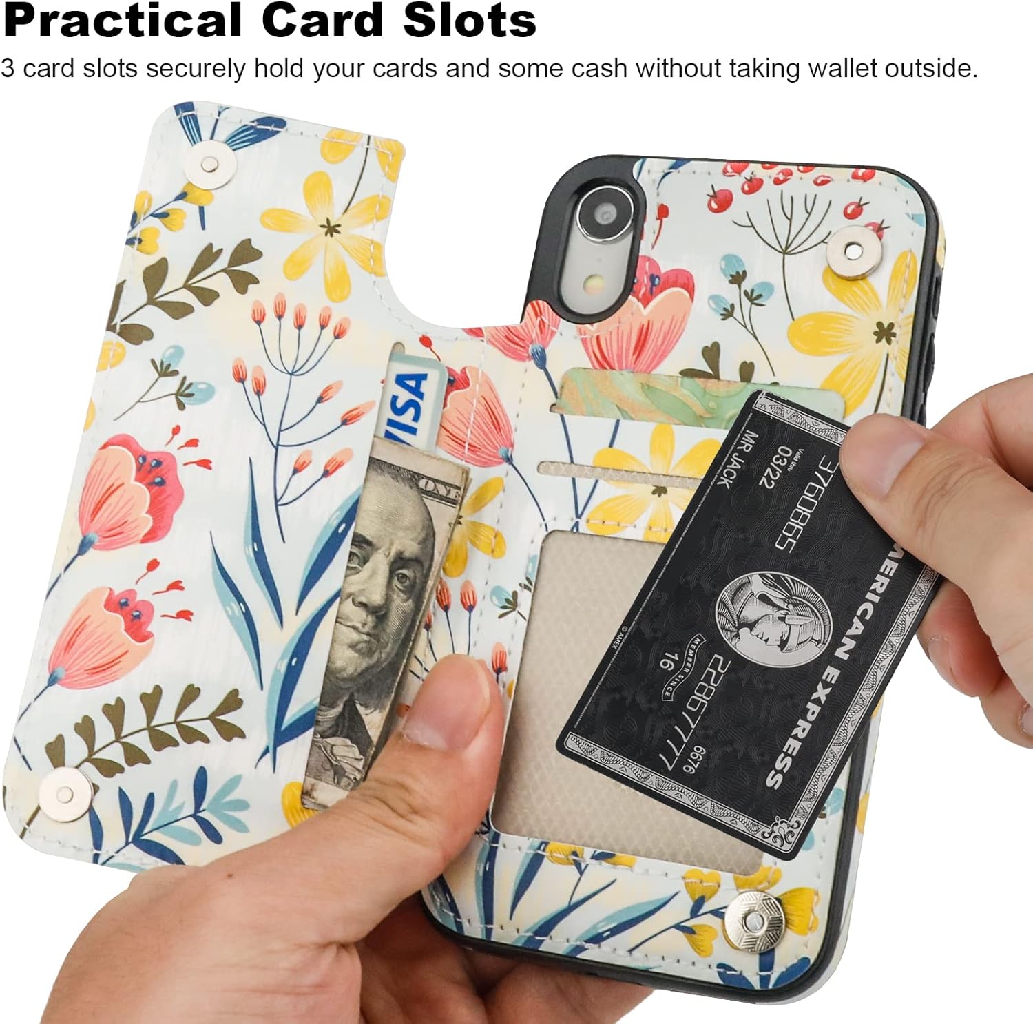 HAOPINSH for iPhone XR Case Wallet with Card Holder, Floral Flower Pattern Back Flip Folio PU Leather Kickstand Card Slots Case for Women Girls, Double Magnetic Clasp Shockproof Cover 6.1" - Image 3