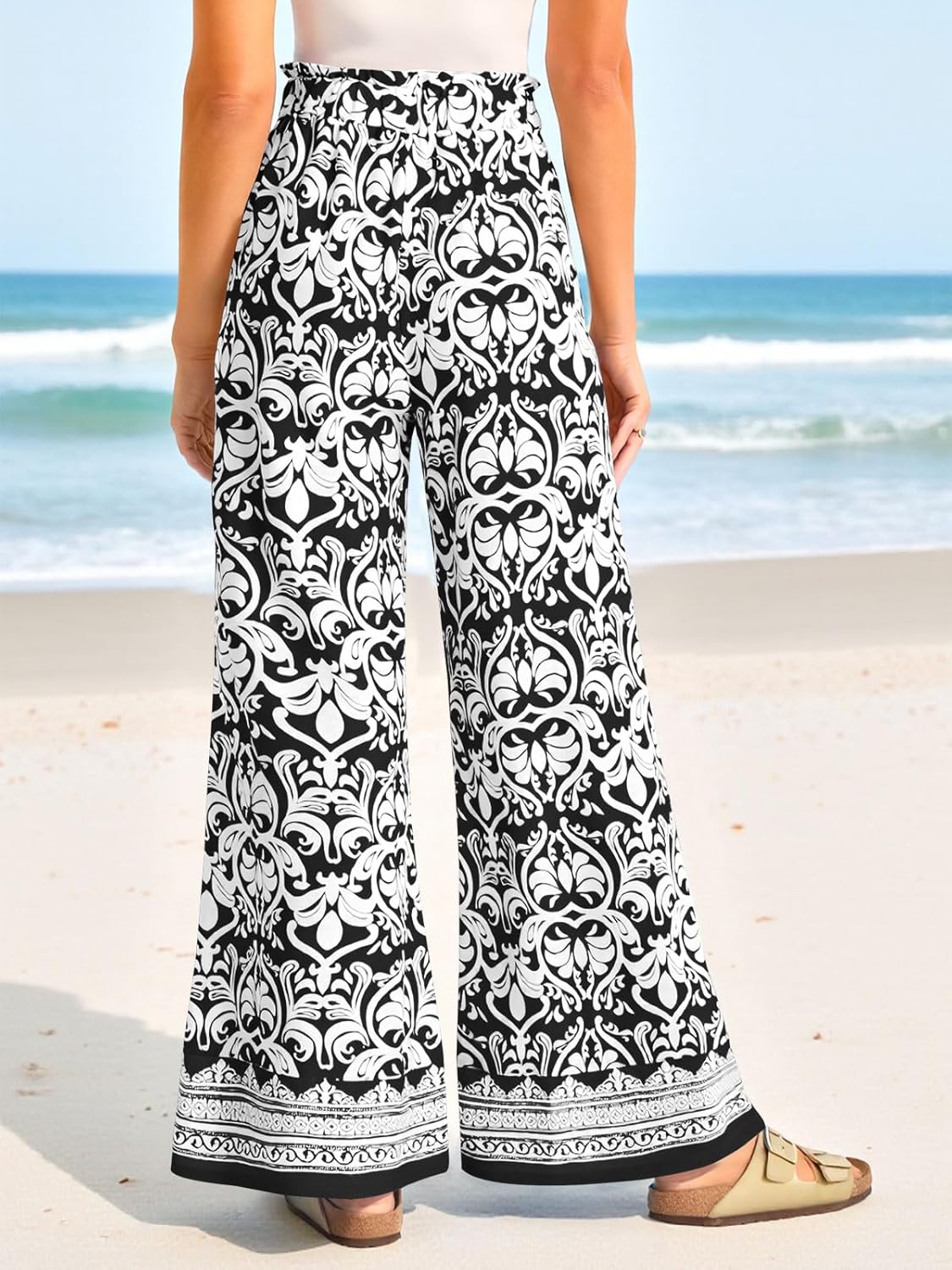 Yousify Women's Wide Leg Boho Pants High Waisted Printed Palazzo Pants Casual Flowy Tie Knot Vacation Trousers with Pockets - Image 3
