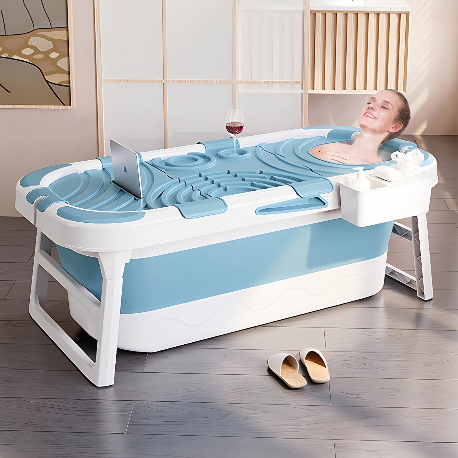 Faltbare Badewanne Erwachsene, Mobile Klappbadewanne mit Abnehmbarer Abdeckung, Tragbare Bathtub für Dusche & Badezimmer, Sitzbadewanne mit Seifenkorb & Nackenkissen Blau