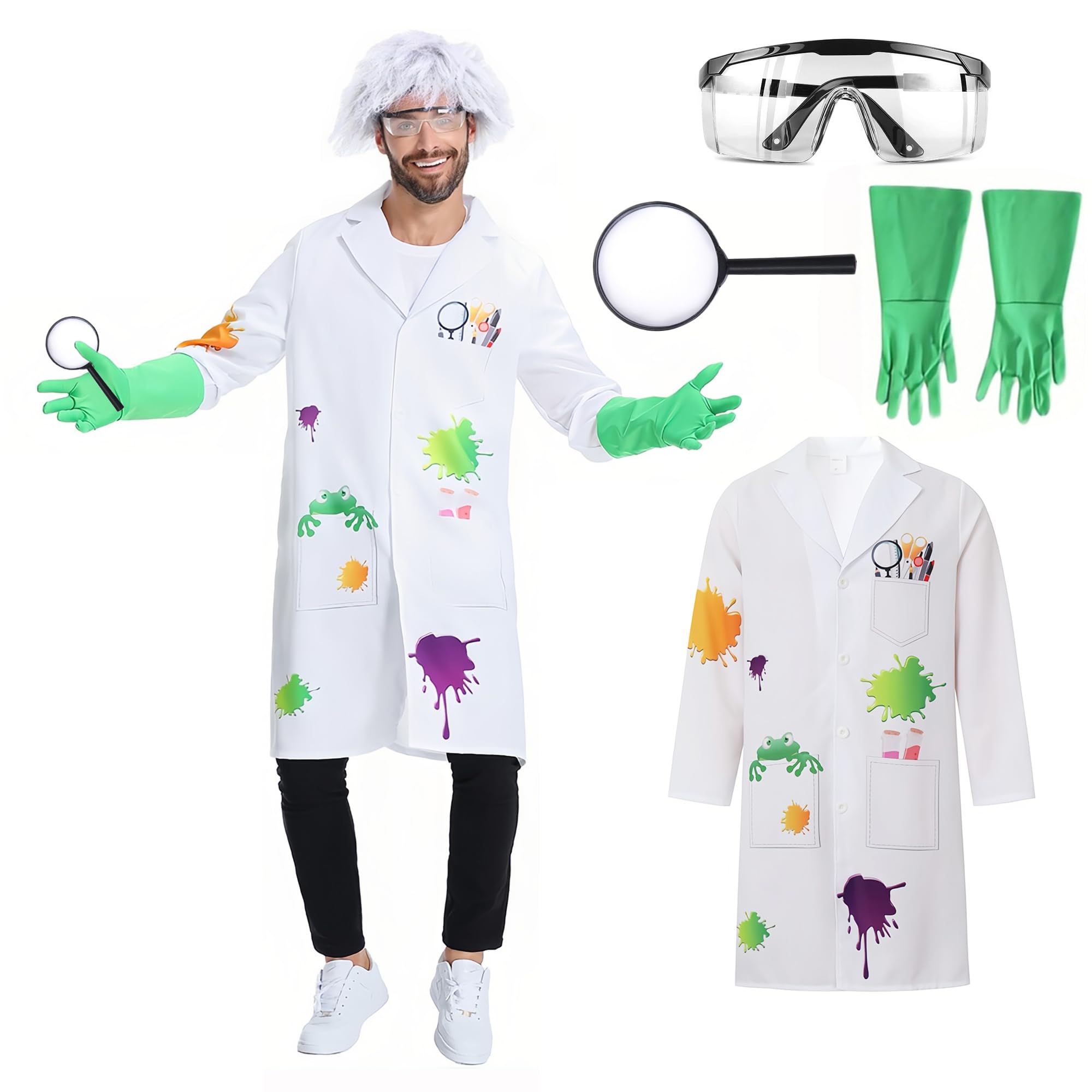 Wbesty Mad Scientist Parent-Child Costume Glasses Gloves Magnifying Glass 5Pcs Halloween Costume Adult XL