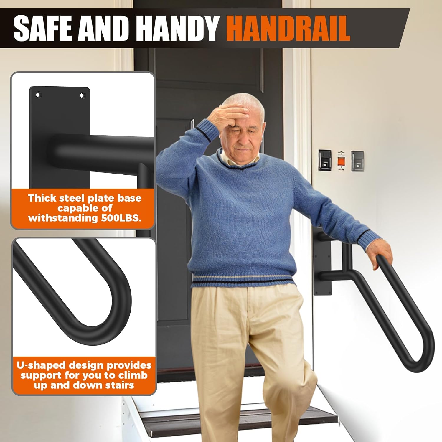 GORWARE Hand Rails for Outdoor Steps, Handrails for Elderly, Porch Railing & Deck Hand Rail Wall Mount Stair Hand Grab Bars, 1 to 3 Steps U-Shape Safety Handle for Garage, Toilet,Yard and Garden