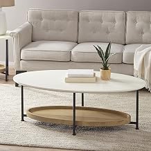 KEVINSPACE Coffee Table for Living Room, White Oval Coffee Table 2 Tier Tea Table with Wooden Shelf, Modern Sofa Storage Center Table for Home Office, Metal Legs, Home Decor Accent Cocktail Table