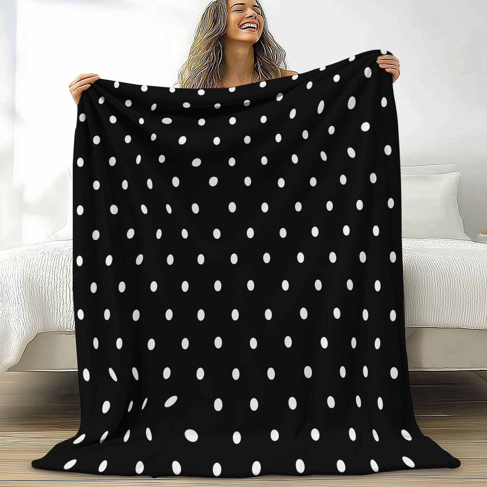 Manta para Sofá, Invierno Verano Manta Polar Puntos Blancos Geométricos Cálida Mullida Super Caliente Ligera Mantas Cama para Adulto y Niño Sala de Estar, Negro, 200x200 cm