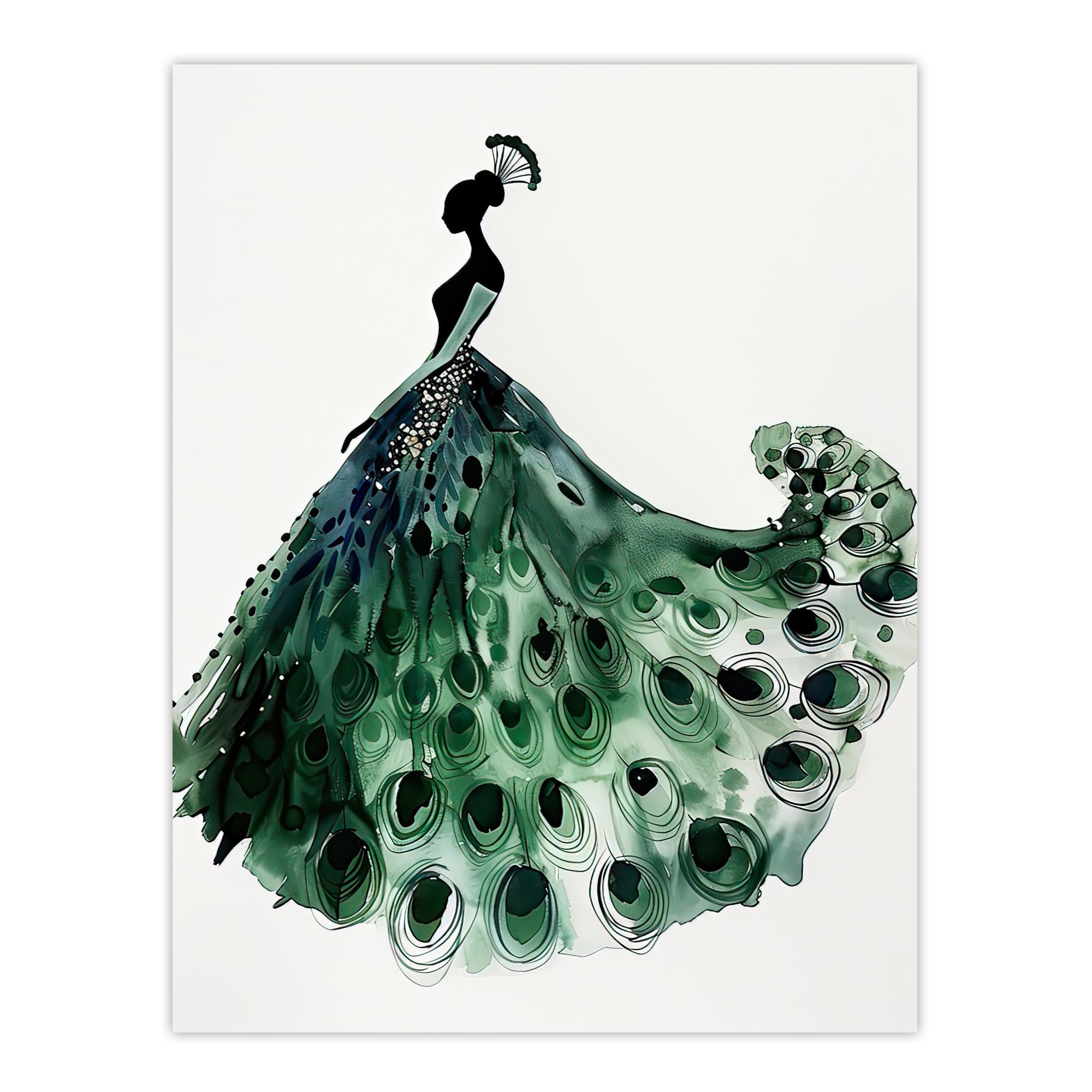 Artery8 Glamorous Peacock Fashion Dress Silhouette Living Room Extra Large XL Wall Art Poster Print, Unframed 24X32", 81L x 61W cm