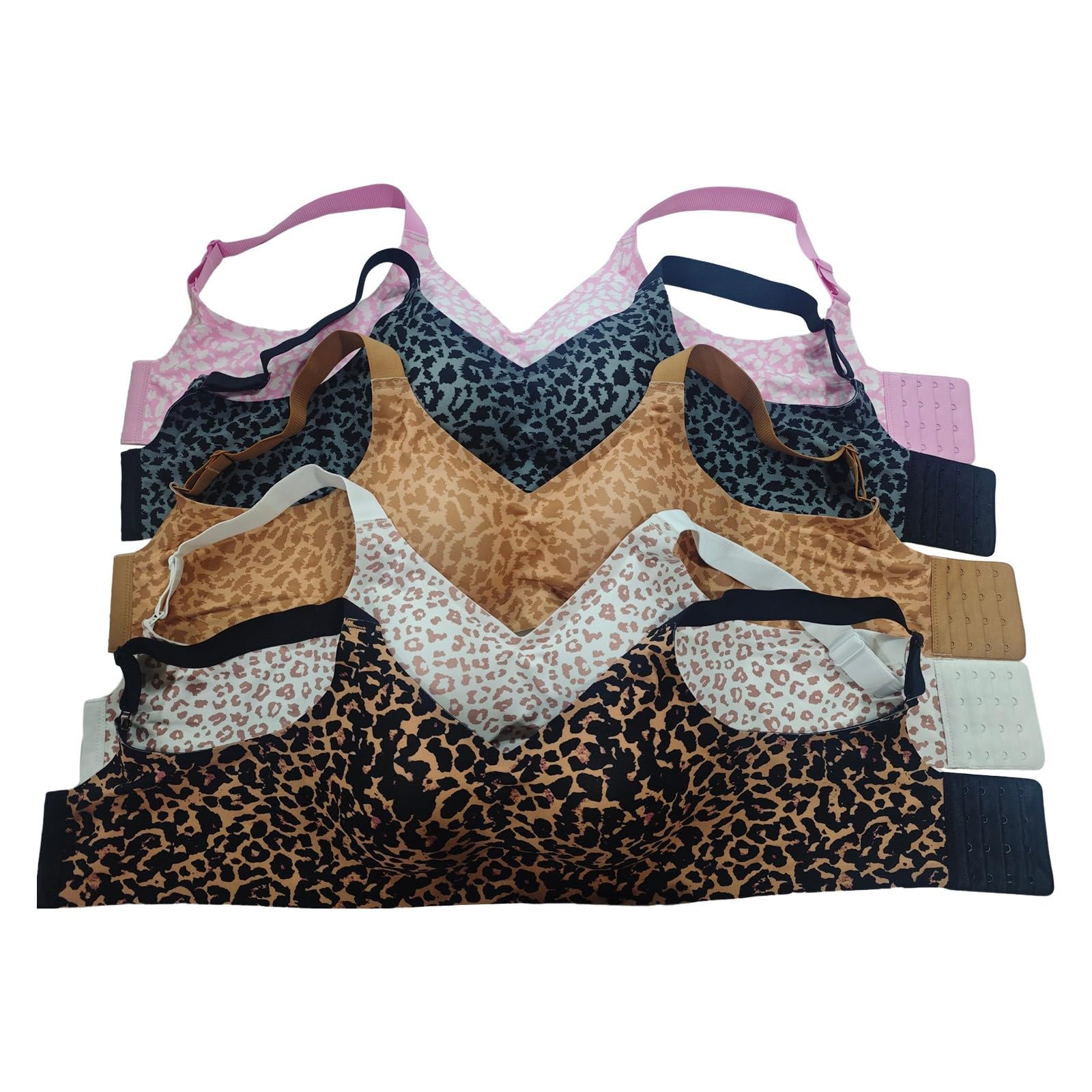 Leopard Print Super Shaping Jelly Bra Non-Wired Comfortable Adjustable Straps Deep V Neck Seamless Push Up, Pink, M