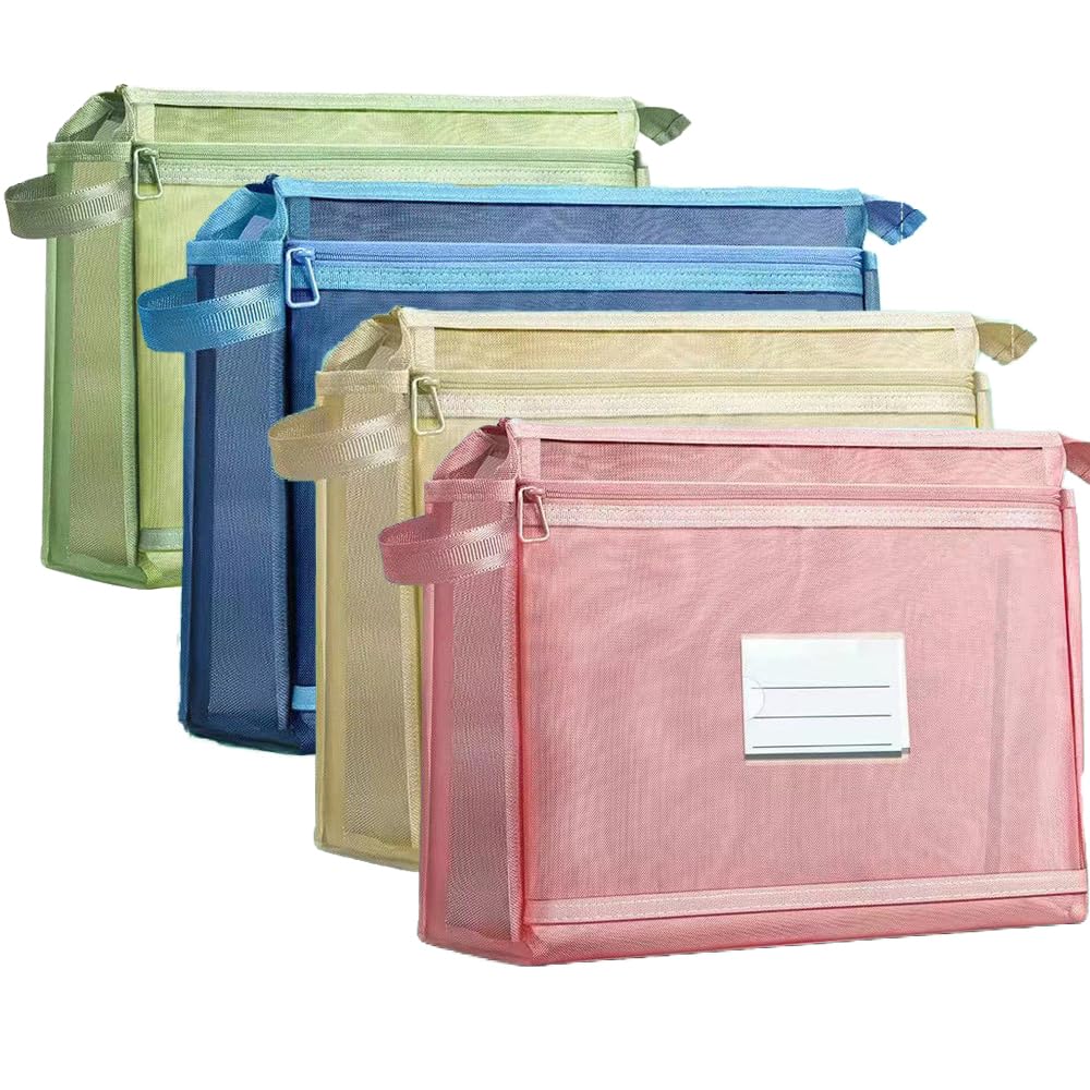Oaygat 4 Pack A4 Plastic Wallet Folders Wallets Document Folder Pockets Envelopes Waterproof Mesh Book Bag Double Layer File Document Wallets Plastic Wallets Folders