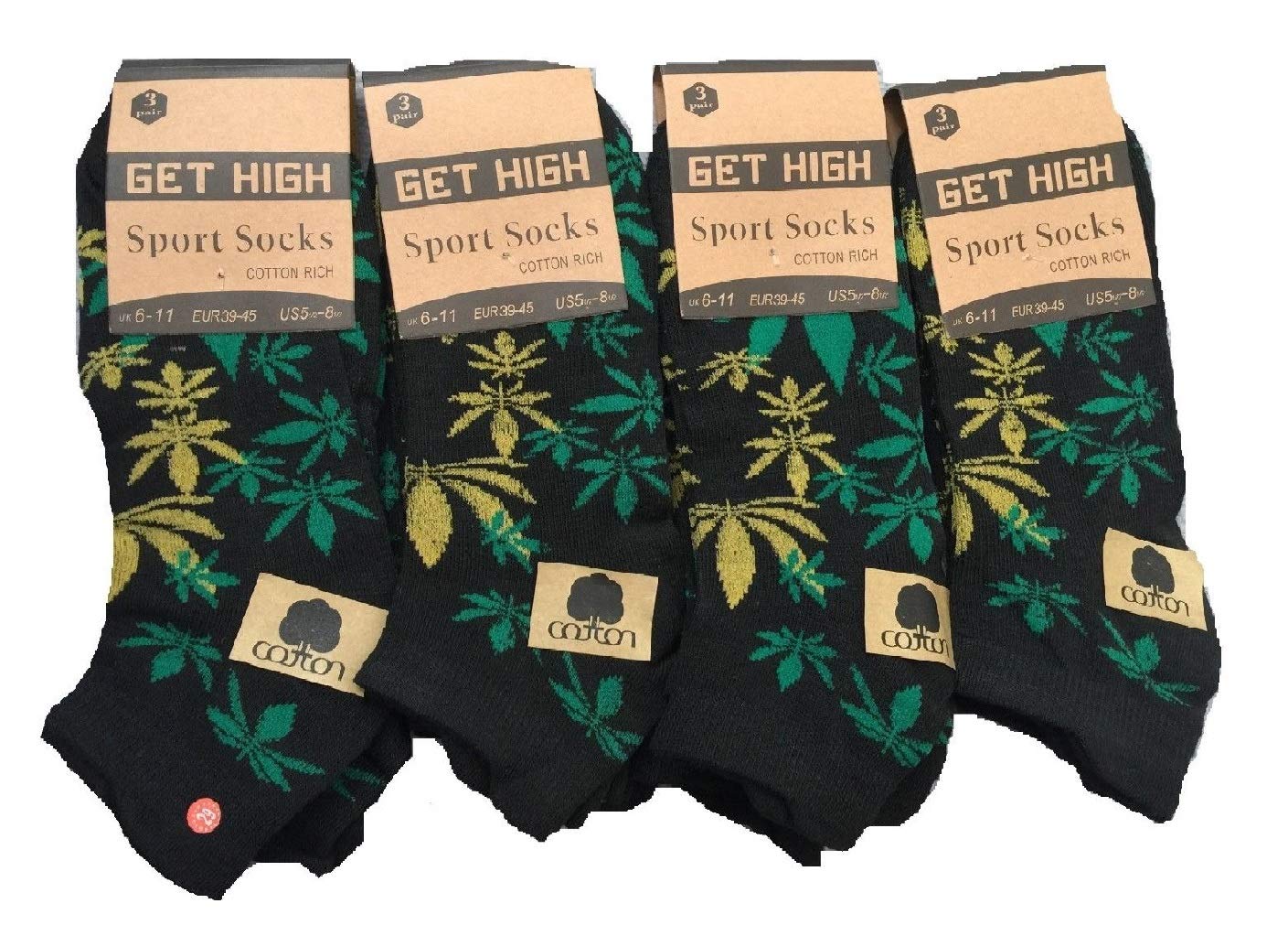 6 Pairs Men's Trainer Ganja weed Leaf Print Cannabis Marijuana Design Cotton Socks Uk Size 6/11 (Yellow)