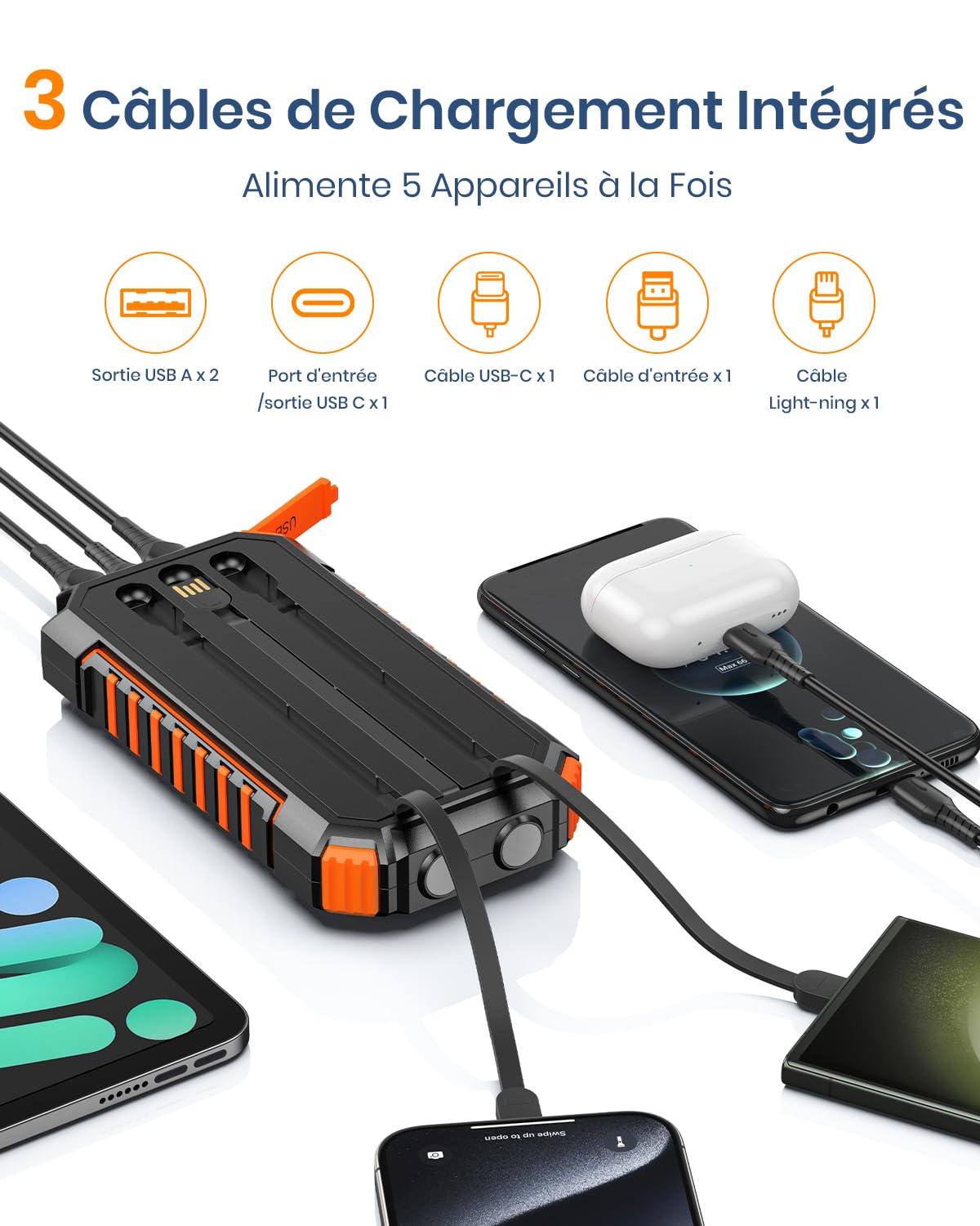 Hiluckey Batterie Externe Solaire 20000mAh, Chargeur Solaire Power Bank avec 3 Câbles USB C Charge Rapide, Chargeur Portable avec 3 Ports pour Téléphone, Tablette