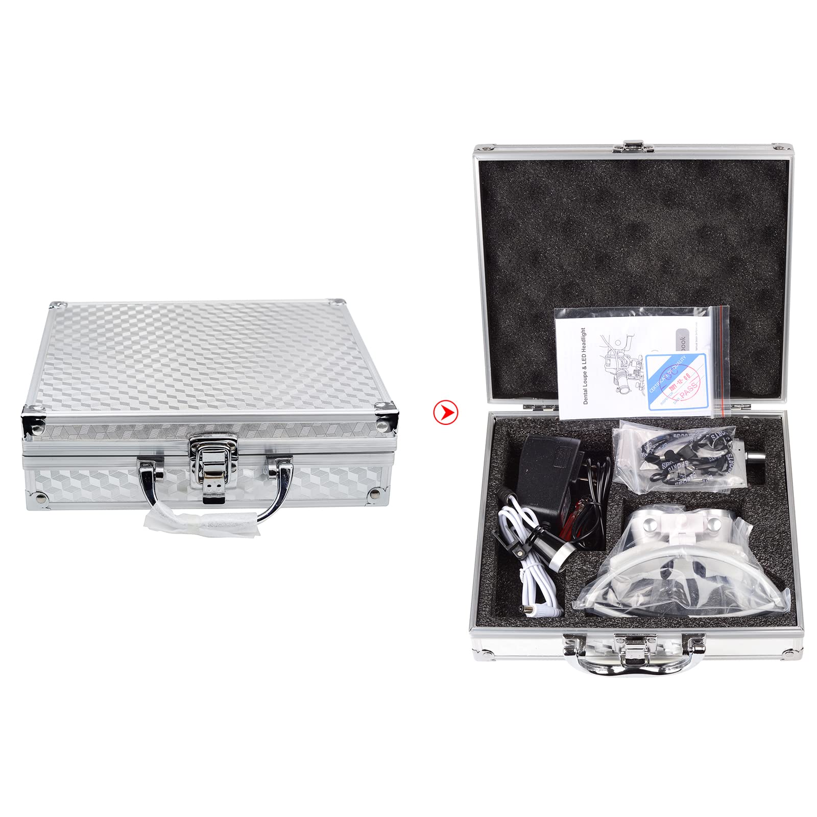 Bonew Dental Binocular Loupes Kit 3.5x 420mm LED Headlight Aluminum Case Silver
