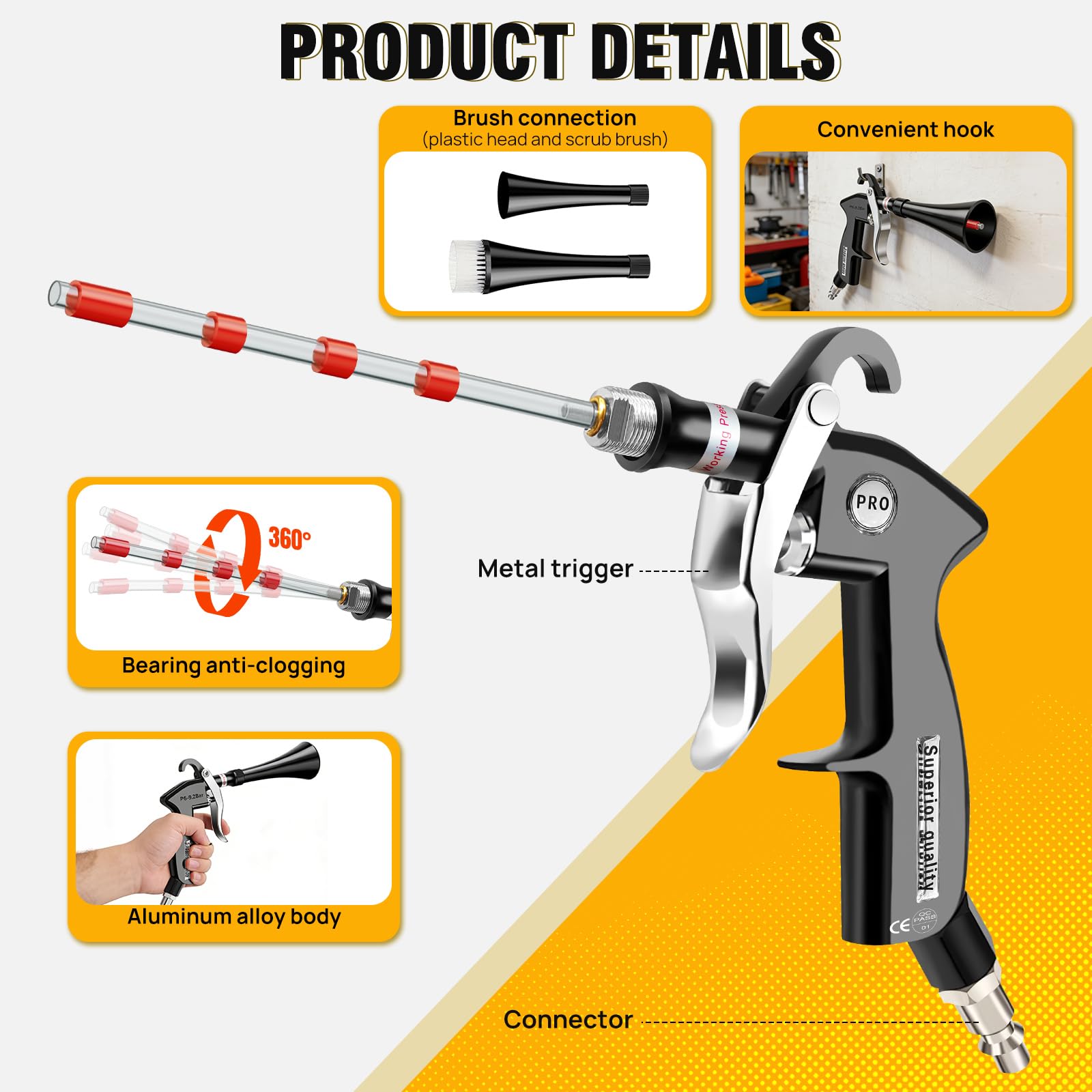 Pistolet de nettoyage à sec, pistolet de nettoyage pour l'intérieur de voiture, séchoir d'intérieur, outils d'entretien automobile avec 2 buses 2 tuyaux en plastique pour éliminer la saleté