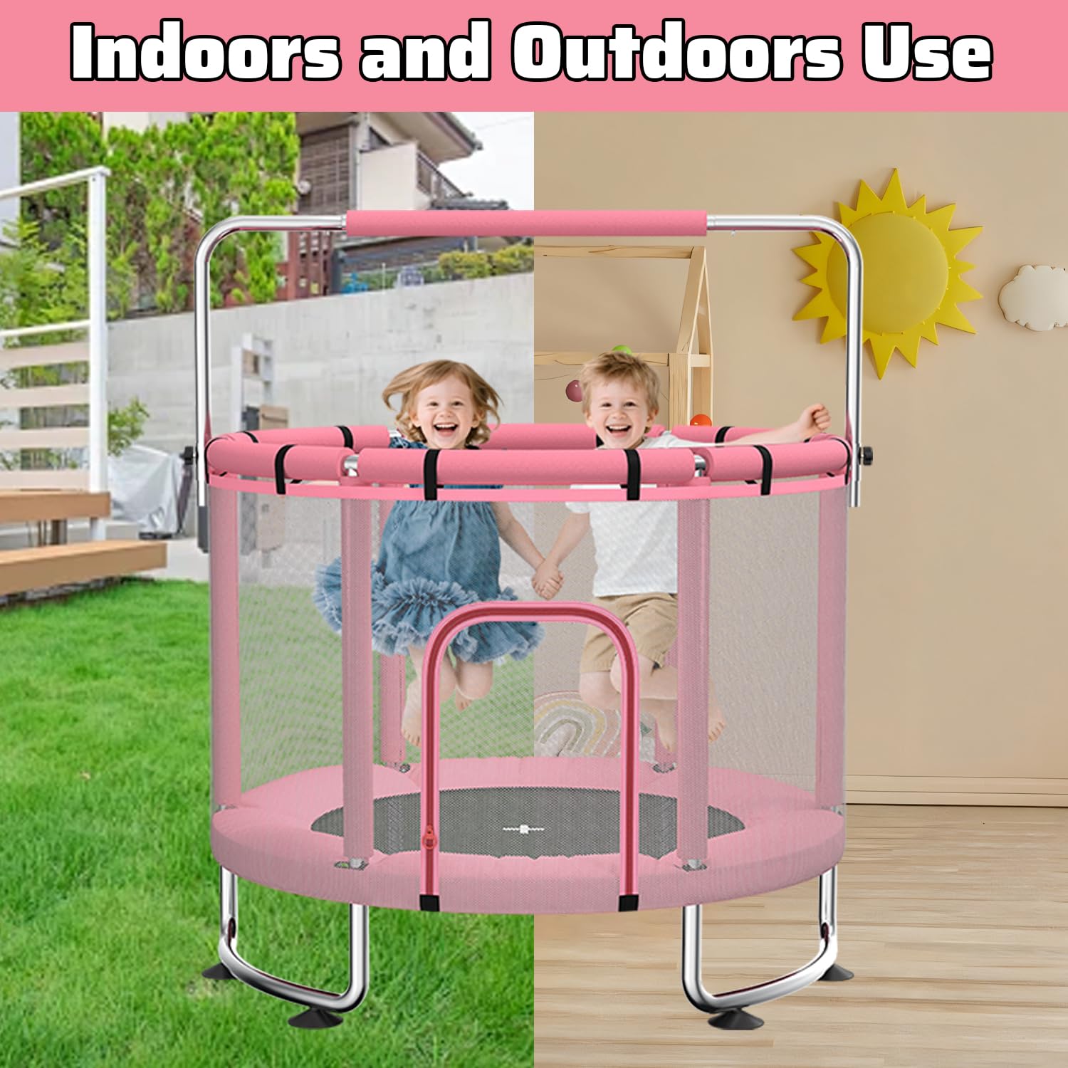 Maxbinton Trampoline pour Enfants 140 cm intérieur/extérieur – Charge maximale 50 kg avec Filet de sécurité, Barre de Gymnastique réglable et Panier de Basket, Cadeau pour garçons et Filles - 2