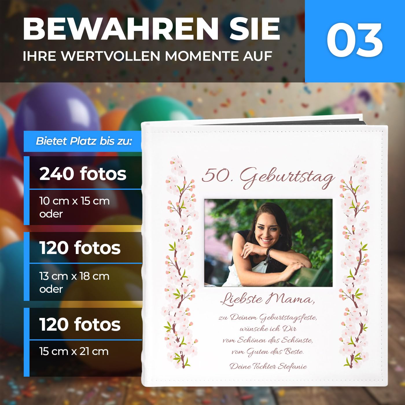 Maverton Fotoalbum zum Selbstgestalten mit Bildausschnitt mit Aufdruck - für 240 Fotos 10x15-60 schwarze Seiten - Größe 33x30cm - Weiß - personalisierte Geschenke - Geburtstagsgeschenk für Frauen