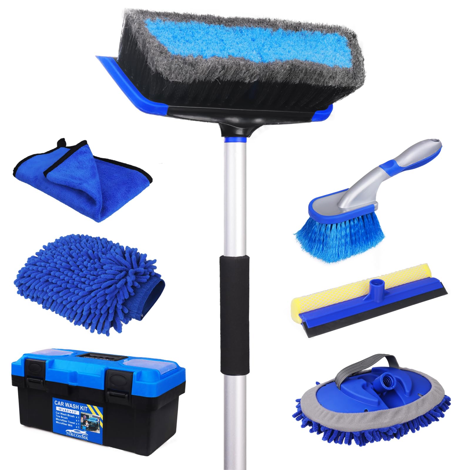 NIKCOSMK 62'' Car Wash Brush with Long Handle, Car Wash Kit with Tire Brush, Tower, Window Squeegee, Chenille Microfiber Car Wash Mop Mitt, Car Cleaning Brush Kit Supplies for Car, Truck, SUV, RV