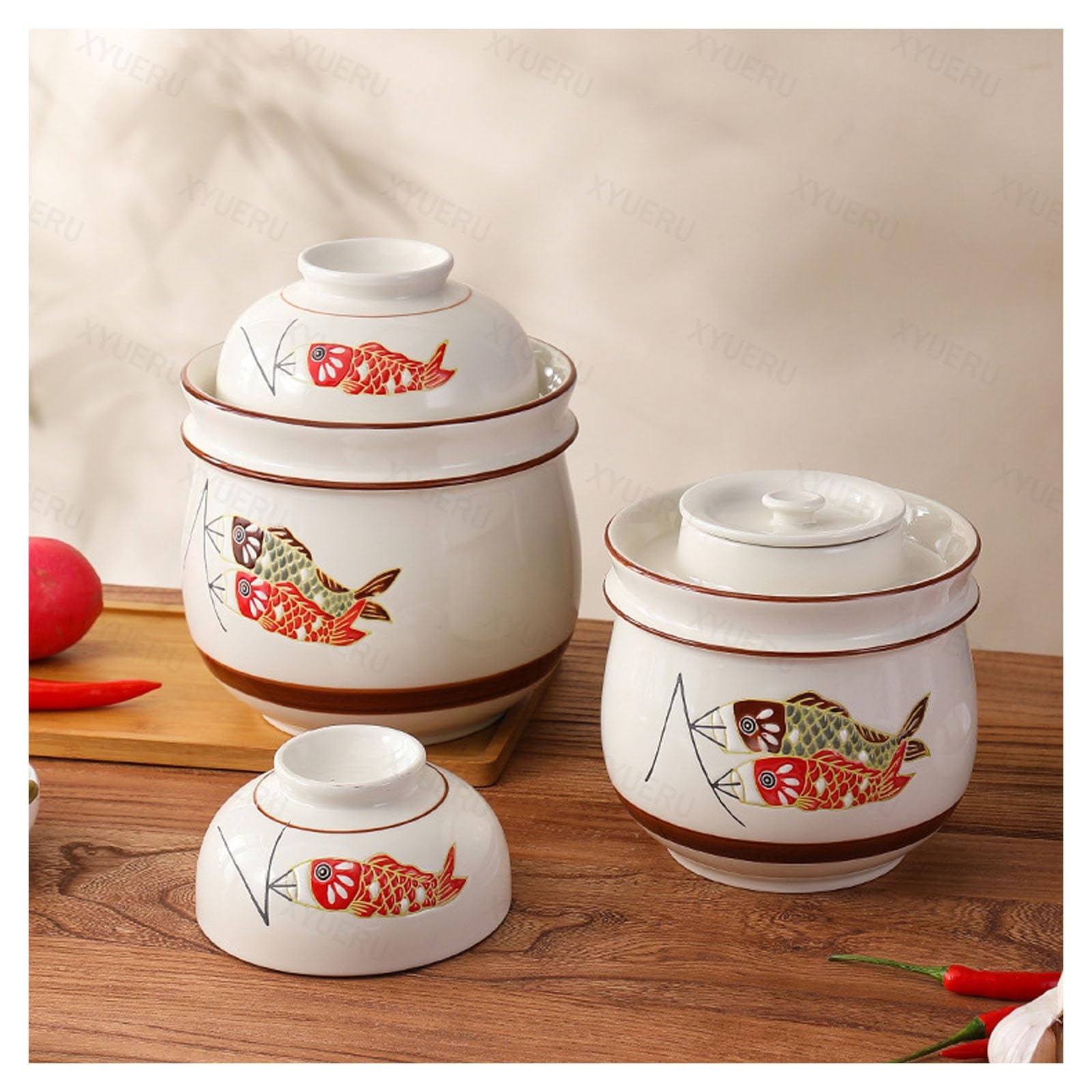 Chinesisches Gärgefäß aus Keramik mit Gärdeckeln, Steingut-Einmachglas | Einmachglas mit breiter Öffnung for Sauerkraut, Kimchi und Essiggurken(2000ml)