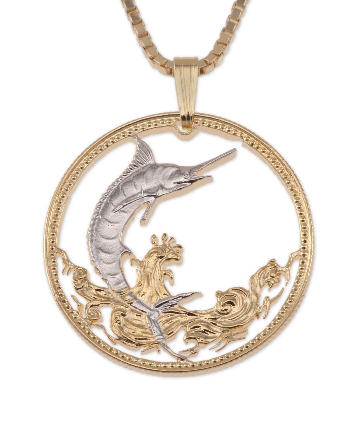 Blue Marlin Pendant & Necklace, Bahamas 50 Cents Coin Hand Cut