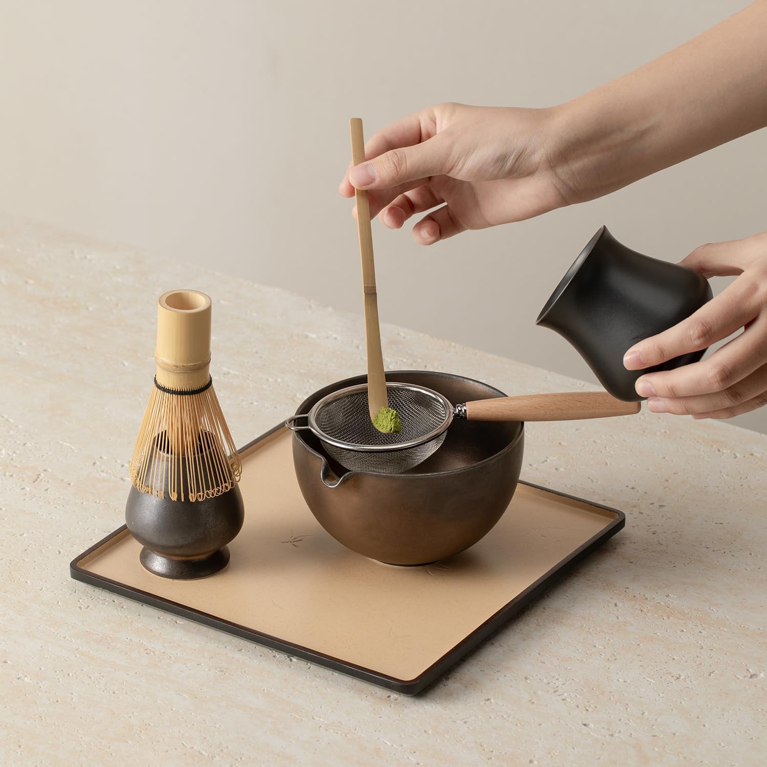 Matcha Whisk Set, Matcha Set with Ceramic Matcha Bowl, Bamboo Whisk & Holder, Sifter, Tea Scoop (Black Gold)