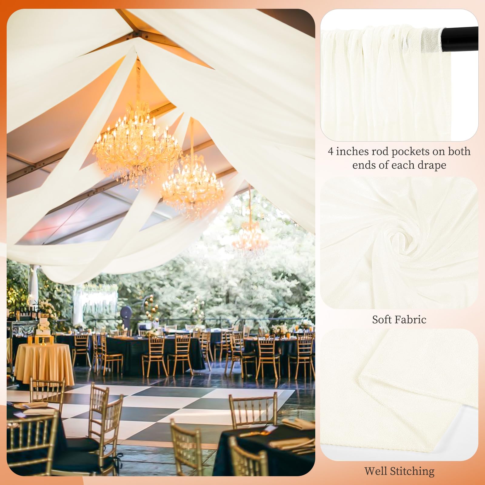 Showgeous Lot de 6 rideaux de plafond ivoire transparents en mousseline de soie pour fête, cérémonie, événement, décoration de mariage - 1,5 x 6,1 m
