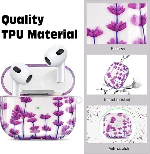 Miniatura 3 de QINGQING Funda protectora compatible con Airpods 3, diseño floral transparente con llavero Airpod de tercera generación 2021, a prueba de golpes y