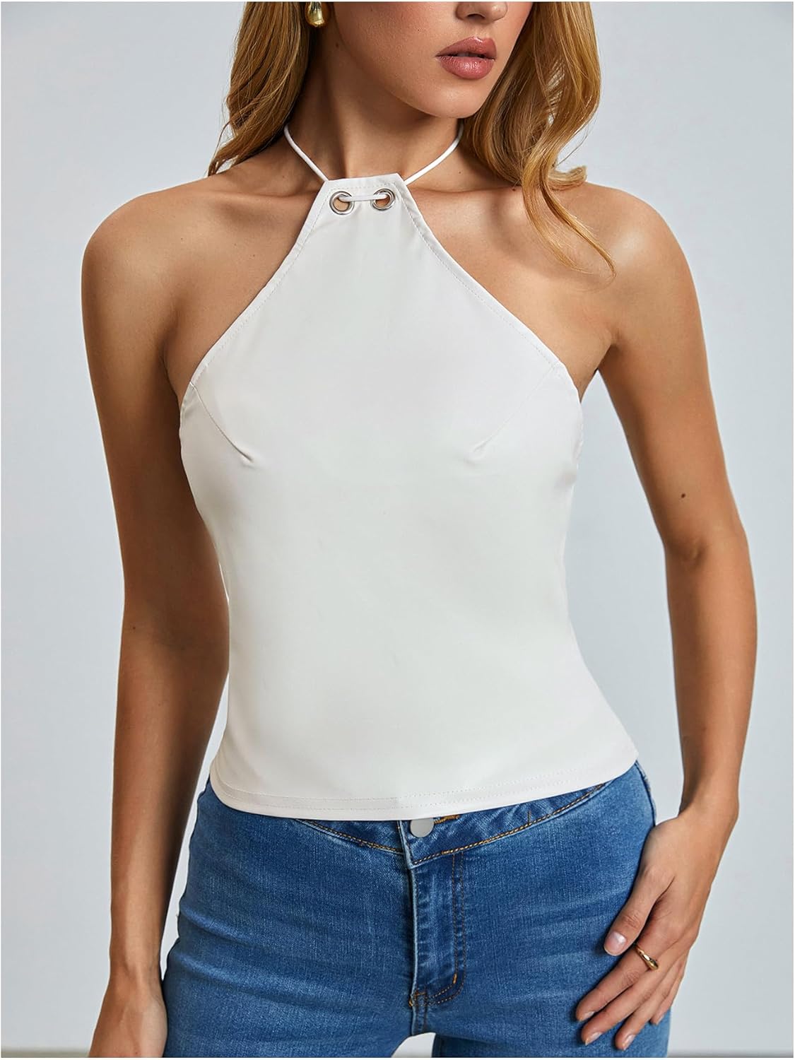 MakeMeChic Women's Tie Backless Halter Crop Tops Sleeveless Fitted Going Out Tank - Image 3