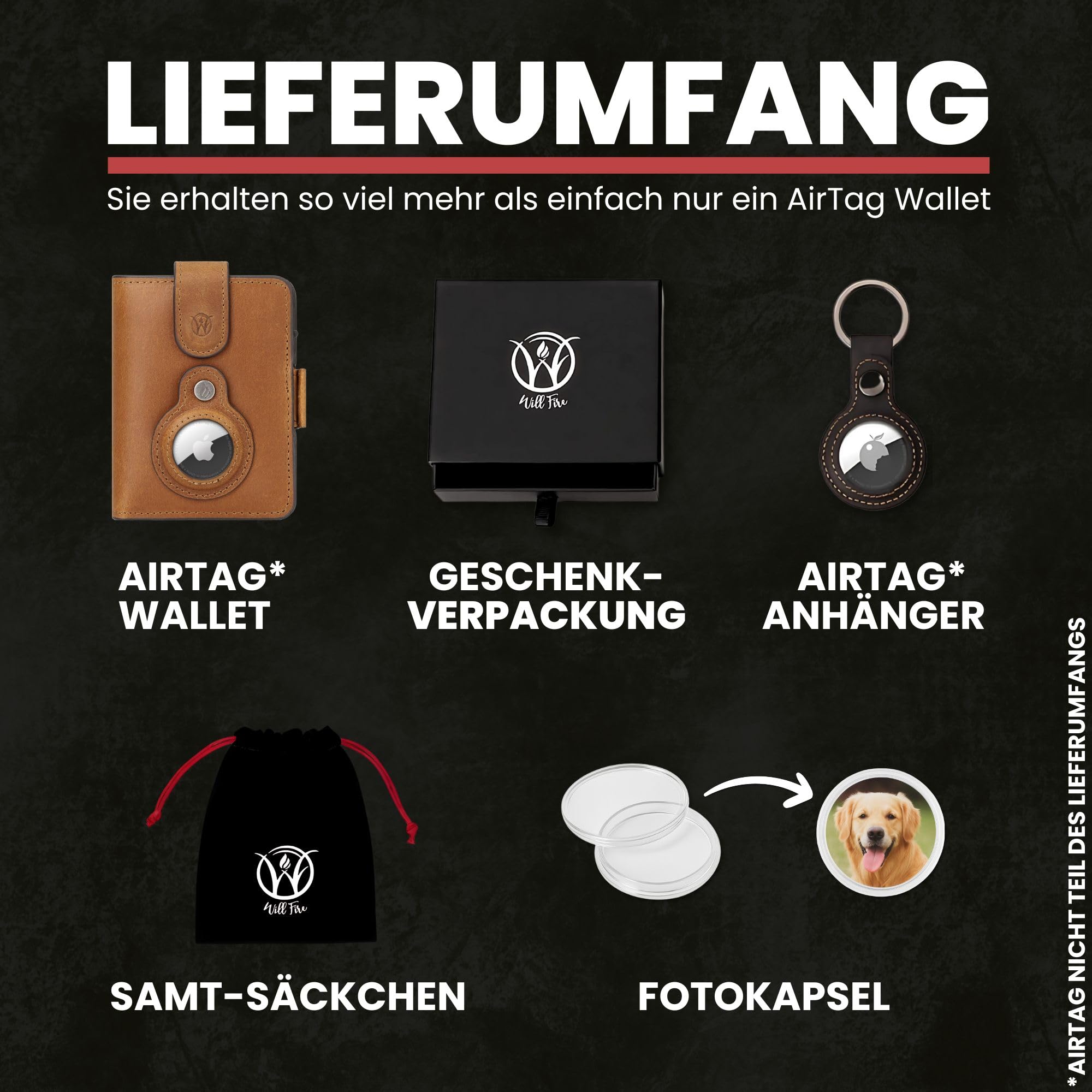 Will Fire® Smart Wallet Herren mit Airtag-Fach & Photokapsel | Inkl. Anhänger | Echtleder Airtag (1. & 2. Gen) Wallet mit Münzfach & Scheinfach | RFID Schutz | Bis zu 12 Karten | [Cognac]