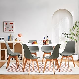 Juego de mesa de comedor con 6 sillas, juego de mesa de cocina rectangular de 110 cm y 6 sillas de comedor para salón, cocina, oficina (mesa blanca+6 sillas gris)