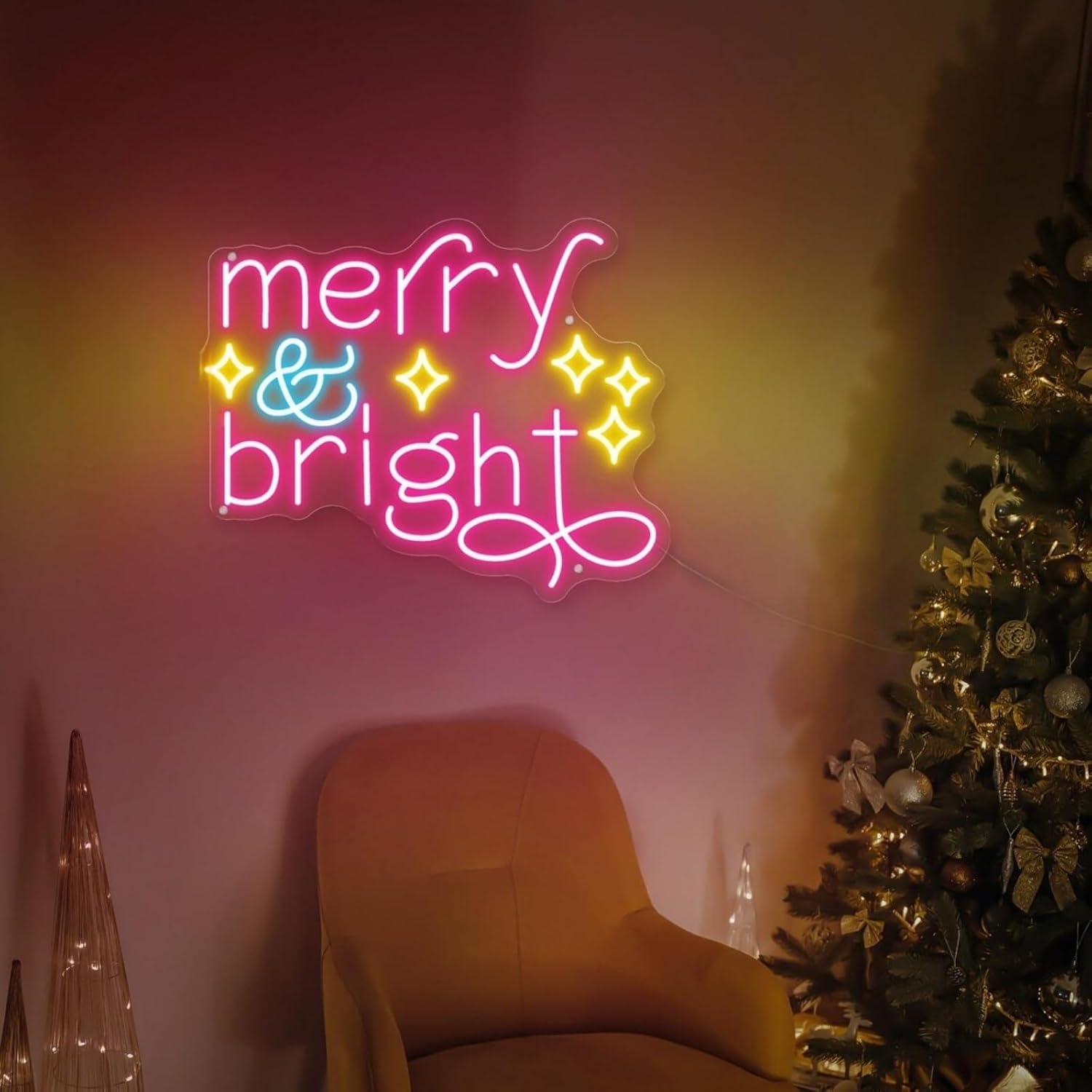 Christmas Merry & Bright Neon Sign, Christmas Home Decor Sign, Holiday Sign, Xmas Decor, Pine Tree Xmas Neon Sign Perfect for Kids' Bedrooms, Holiday Parties, Bars, and Clubs