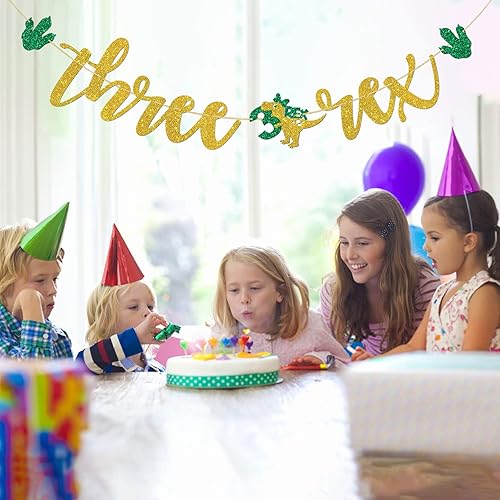 Miniatura 6 de Cartel dorado con purpurina de tres Rex, tema de dinosaurio, decoración de fiesta de tercer cumpleaños para niños y niñas, pancarta de animales de