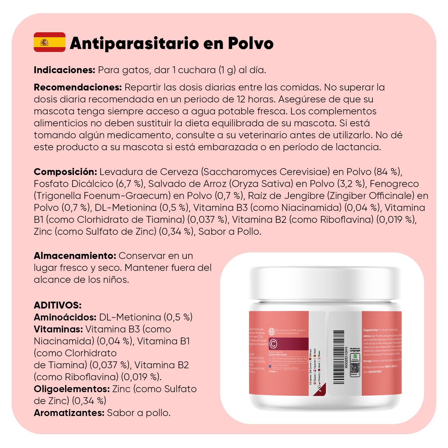animigo Antiparasitario en Polvo para Gatos 100g Sabor Pollo - Protección Natural Antipulgas y Antigarrapatas Muy Fácil de Suministrar Formulado con Ingredientes Naturales, Vitaminas Grupo B y Zinc