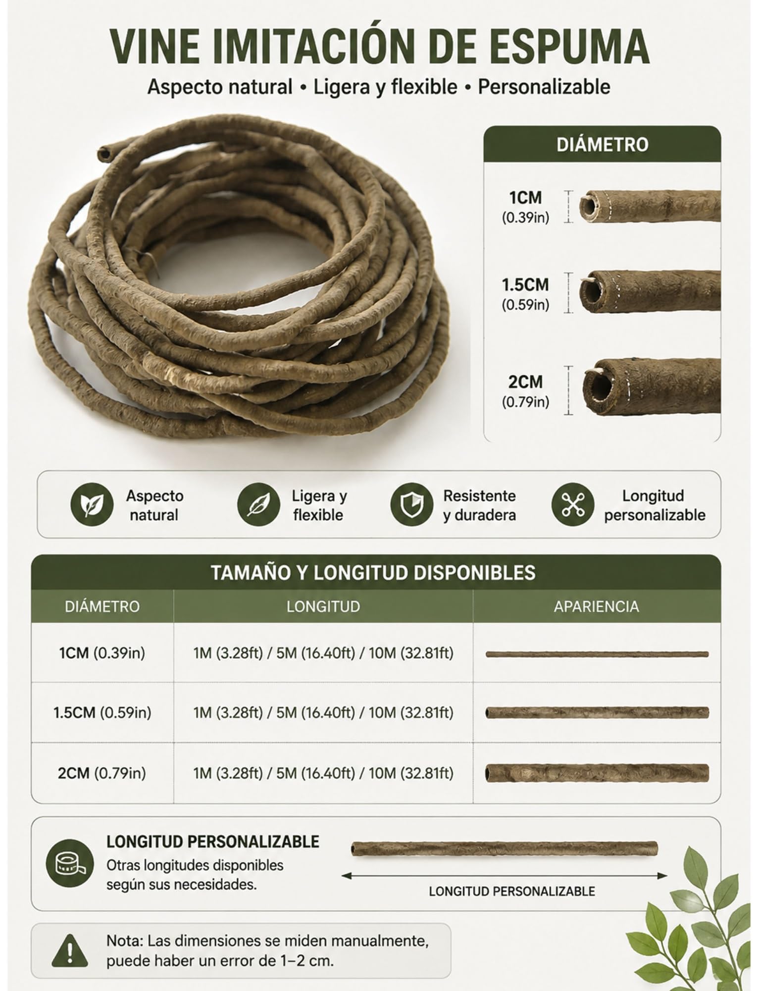 Guaina flessibile cava effetto liana per protezione cavi | Guaina copricavo ignifuga per decorazioni e paesaggi esterni(1.5x1000cm/0.59in x 32.8ft)