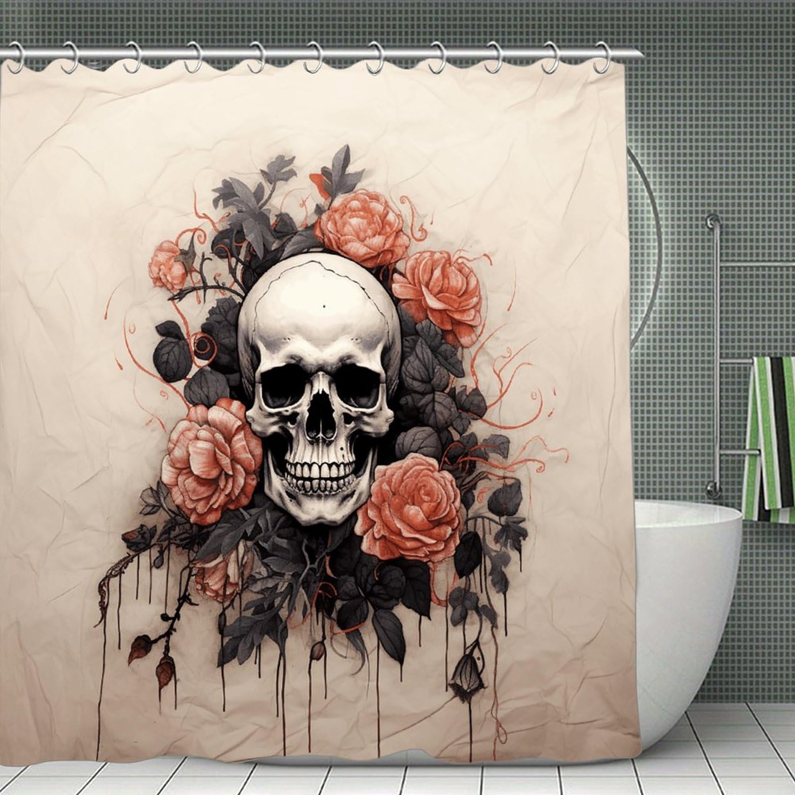 VstaDank Ancient Skull and Flowers Bath Curtain Elegant Heavy Duty Shower Curtains 70x70 in Rustic Farmhouse Cloth Shower Curtains Neutral Modern Bath Curtain for Bathroom