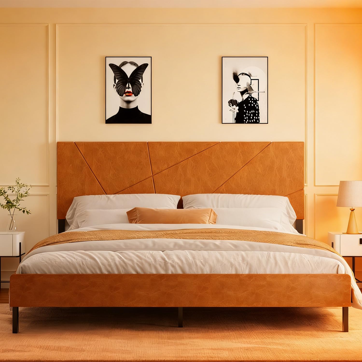 King Size Bed Frame with Upholstered Headboard Under-Bed Storage Platform Bed Frame with Sturdy Metal Slats No Box