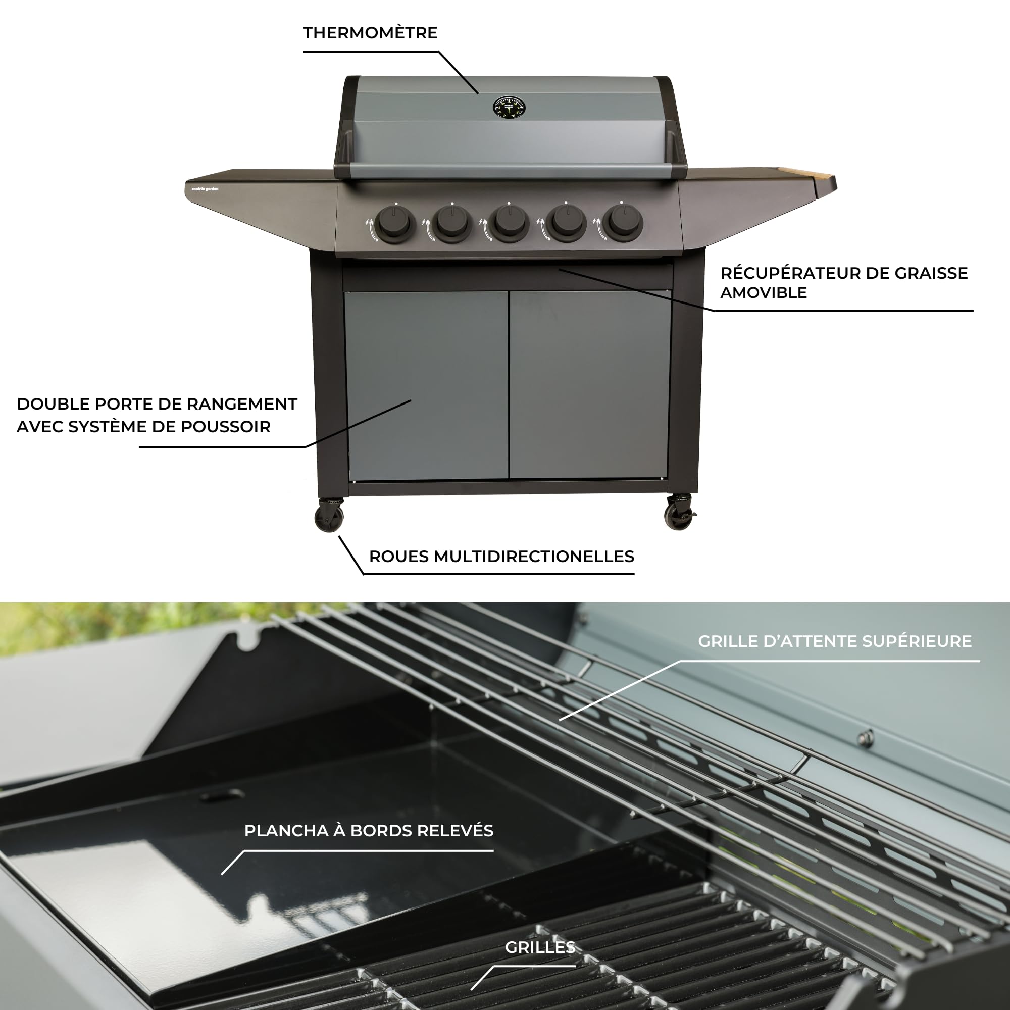 Cook'in Garden - Barbecue à gaz BURN 80 PREMIUM 5 brûleurs - Amovible