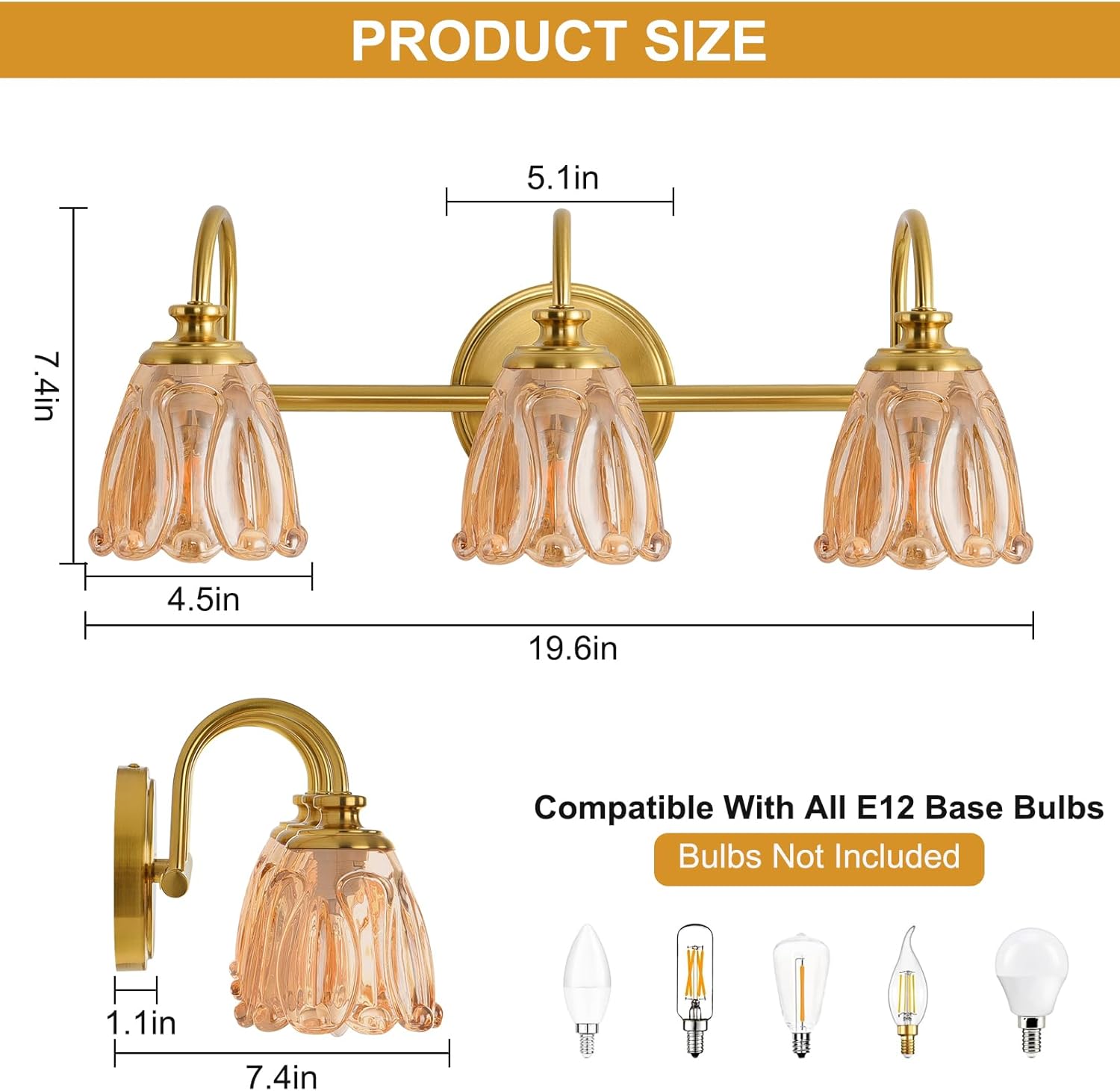 Bathroom Light Fixtures (3-Light), Vintage Brushed Gold Vanity Lights for Bathroom with Amber Tulip Crystal Glass Shade, Vanity Wall Light Over Mirror for Bedroom Living Room Hallway