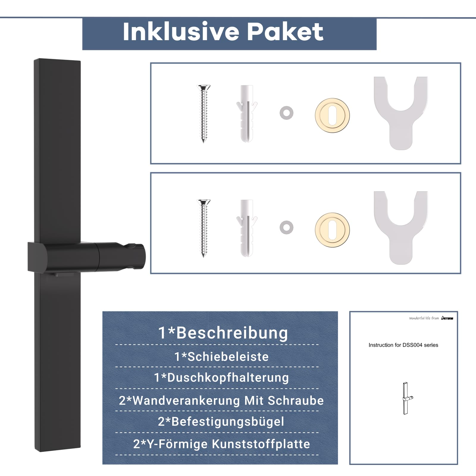 Duschstange Ohne Bohren Brausestange DETBOM mit Kleber Metall Duschstange mit Duschkopfhalterung Höhen und Winkelverstellbarer 120°, Klebe- oder Bohrmontage, Schwarz