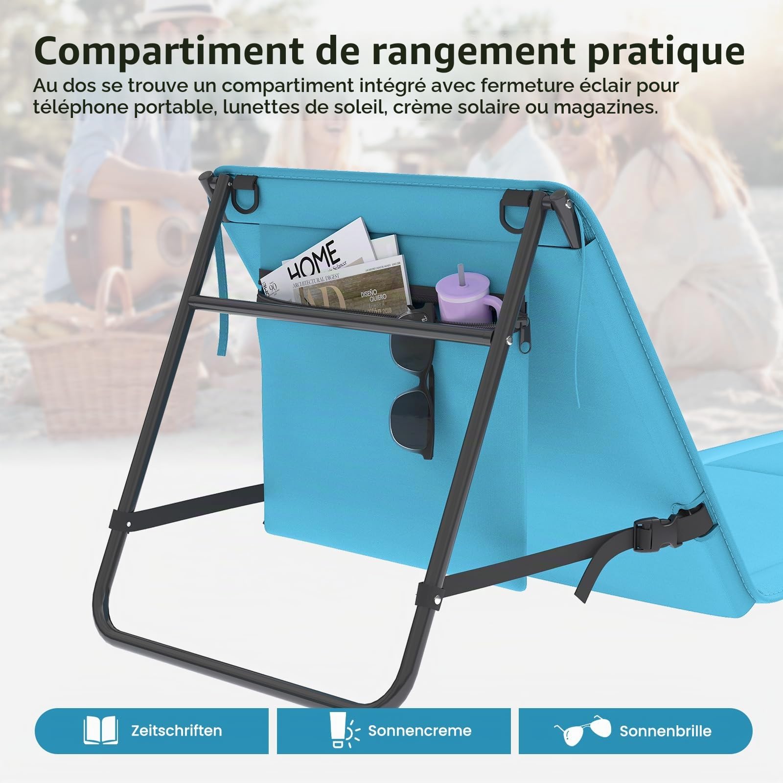 Amopatio Lot de 2 Tapis de Plage avec Dossier Réglable et Sangle – Chaise de Plage Pliable pour Plage, Jardin, Camping et Terrasse, Bleu
