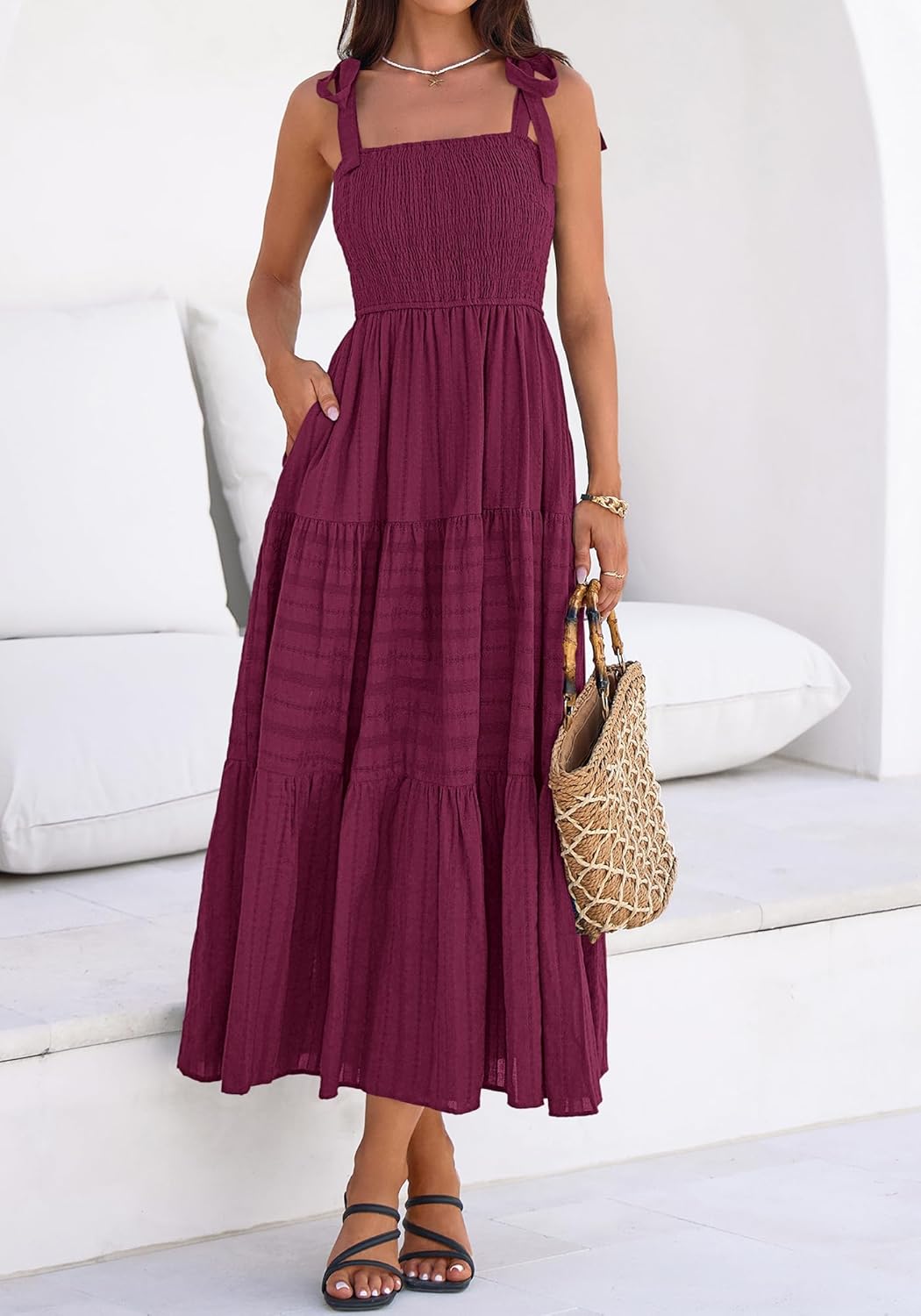 BTFBM Women's 2026 Spring Boho Spaghetti Strap Dress Casual Sleeveless Smocked A Line Beach Sundress Long Maxi Dresses - Image 4