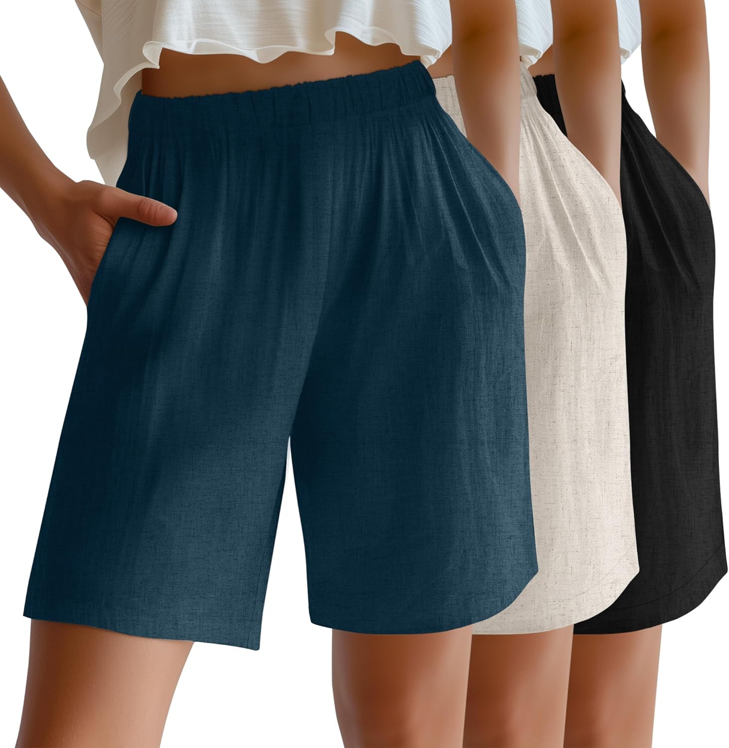 Riyiper 3 Pack Women's Linen Shorts Elastic High Waist Bermuda Wide Leg Summer Casual Lounge Short with Pockets