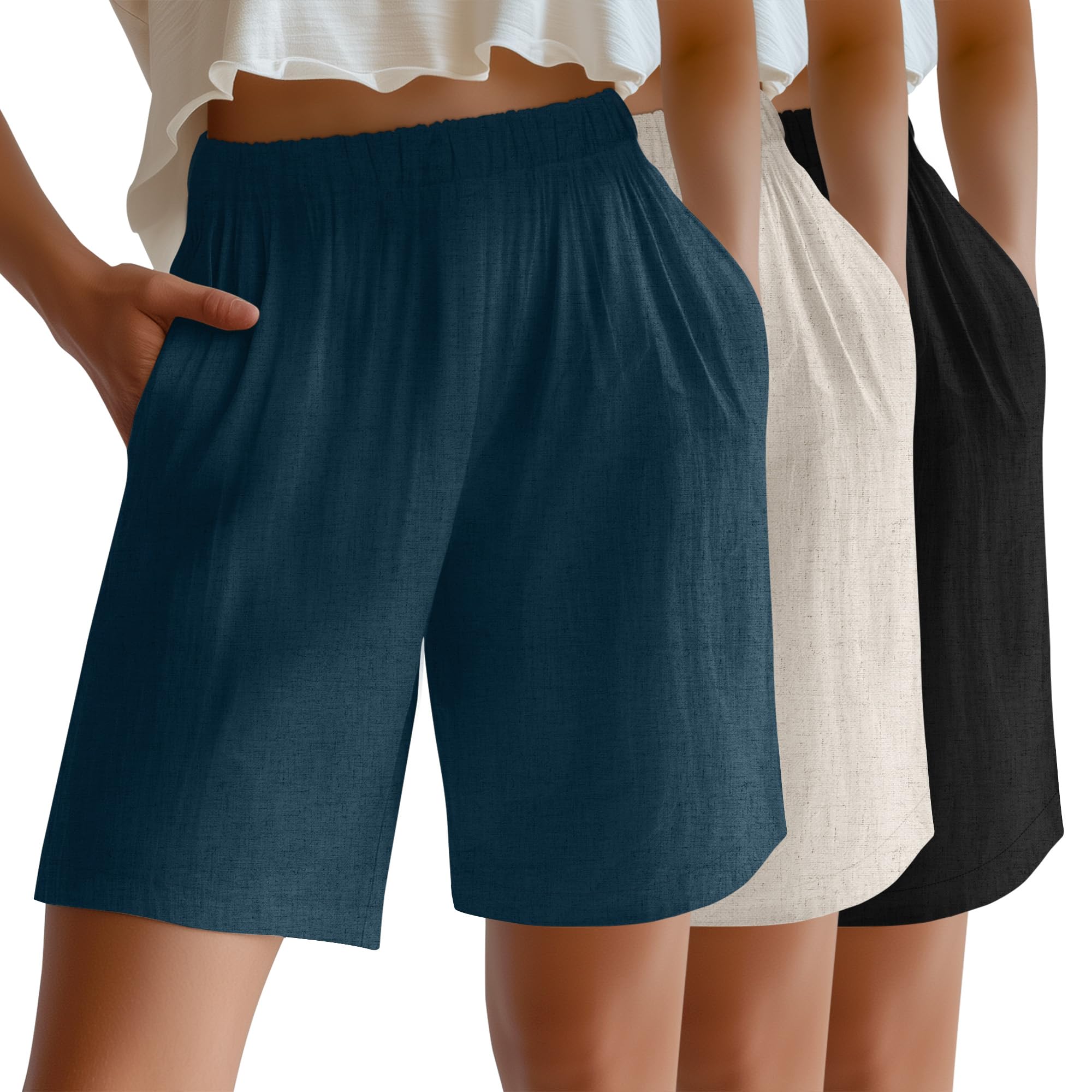 Riyiper Confezione da 3 pantaloncini da donna in lino, elasticizzati, a vita alta, a gamba larga, estivi, casual, con tasche