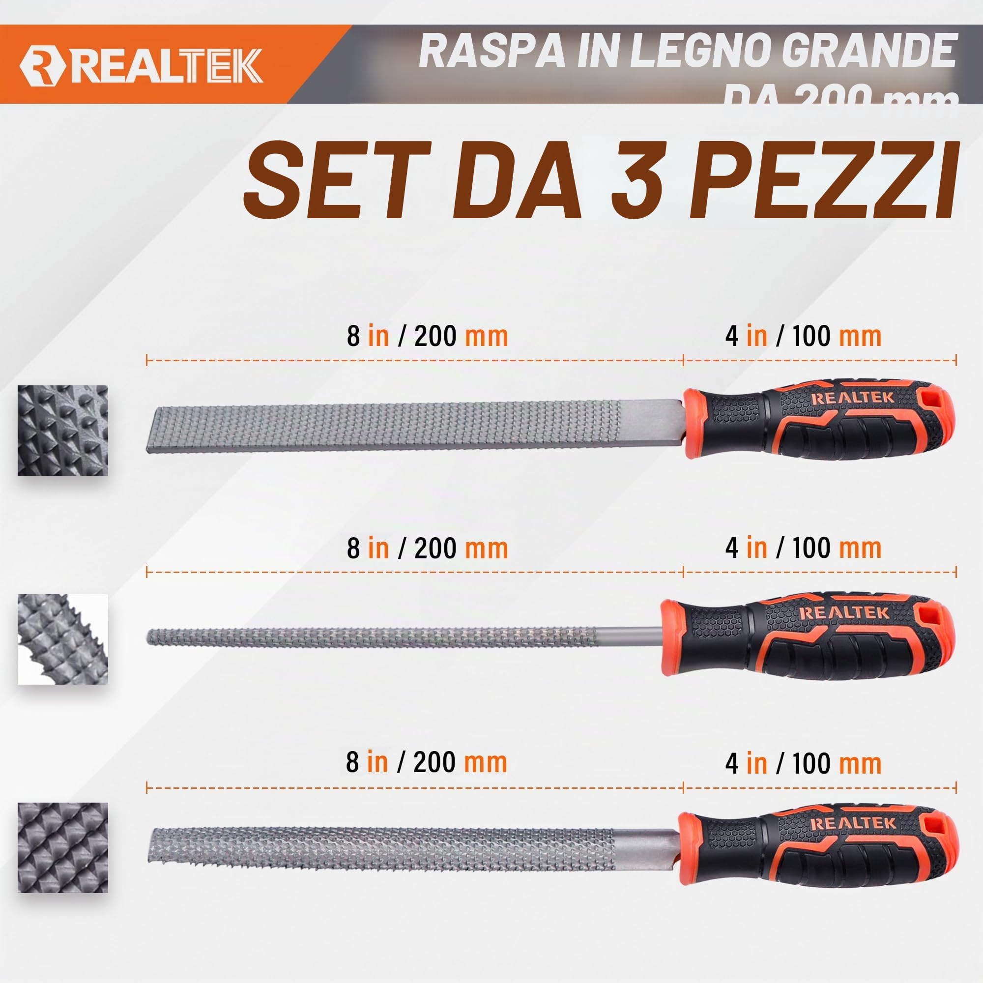 REALTEK Set di raspe per legno 3 pezzi, lima piatta, mezza rotonda e rotonda